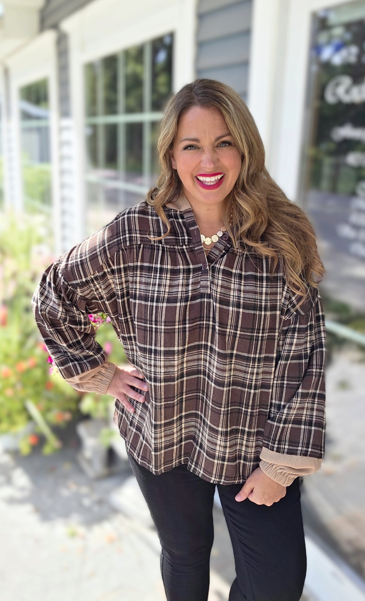BROWN PLAID LONG SLEEVE HOODED TOP