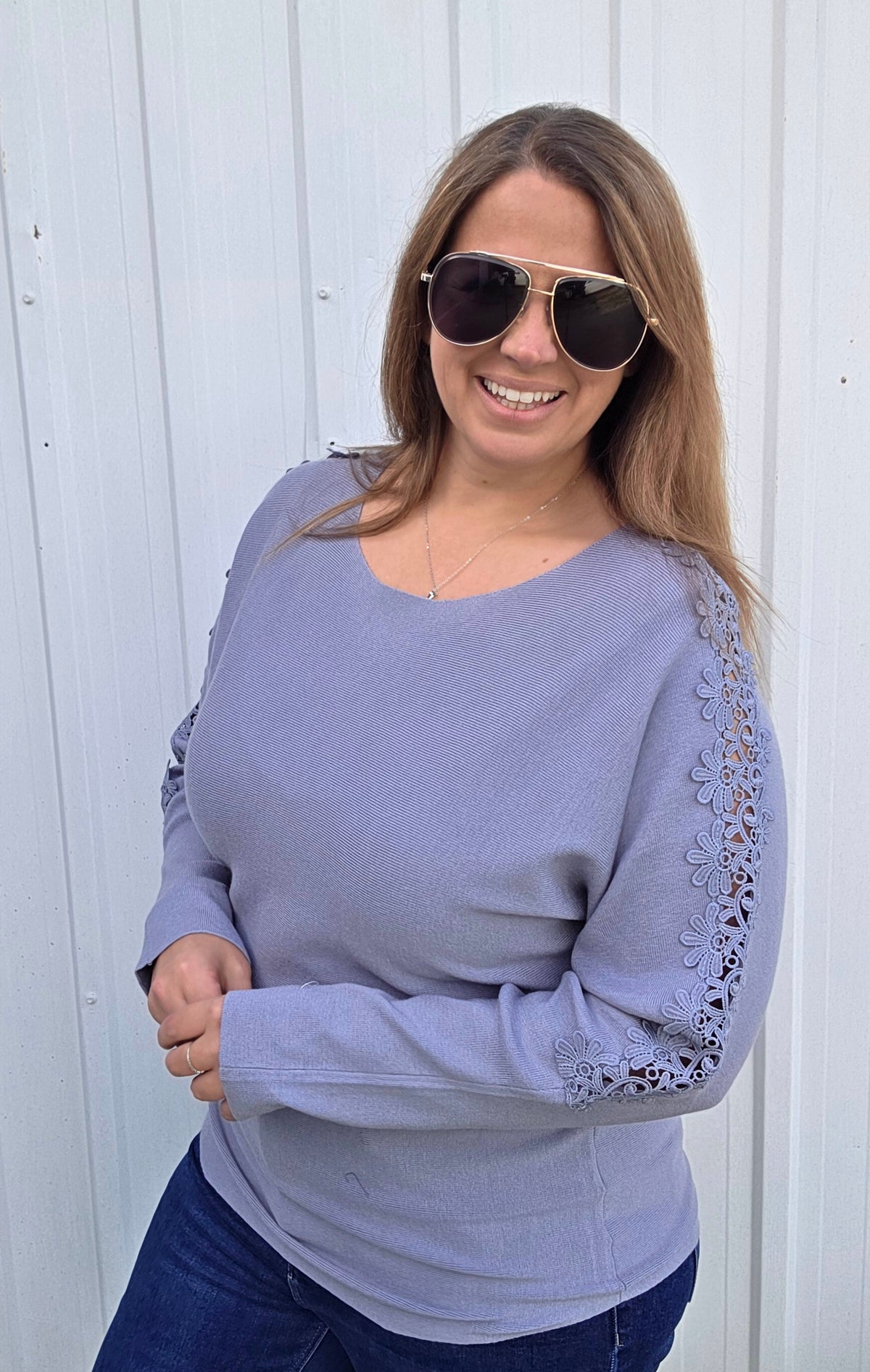 Denim Dolman Lace Sleeve Knit Sweater