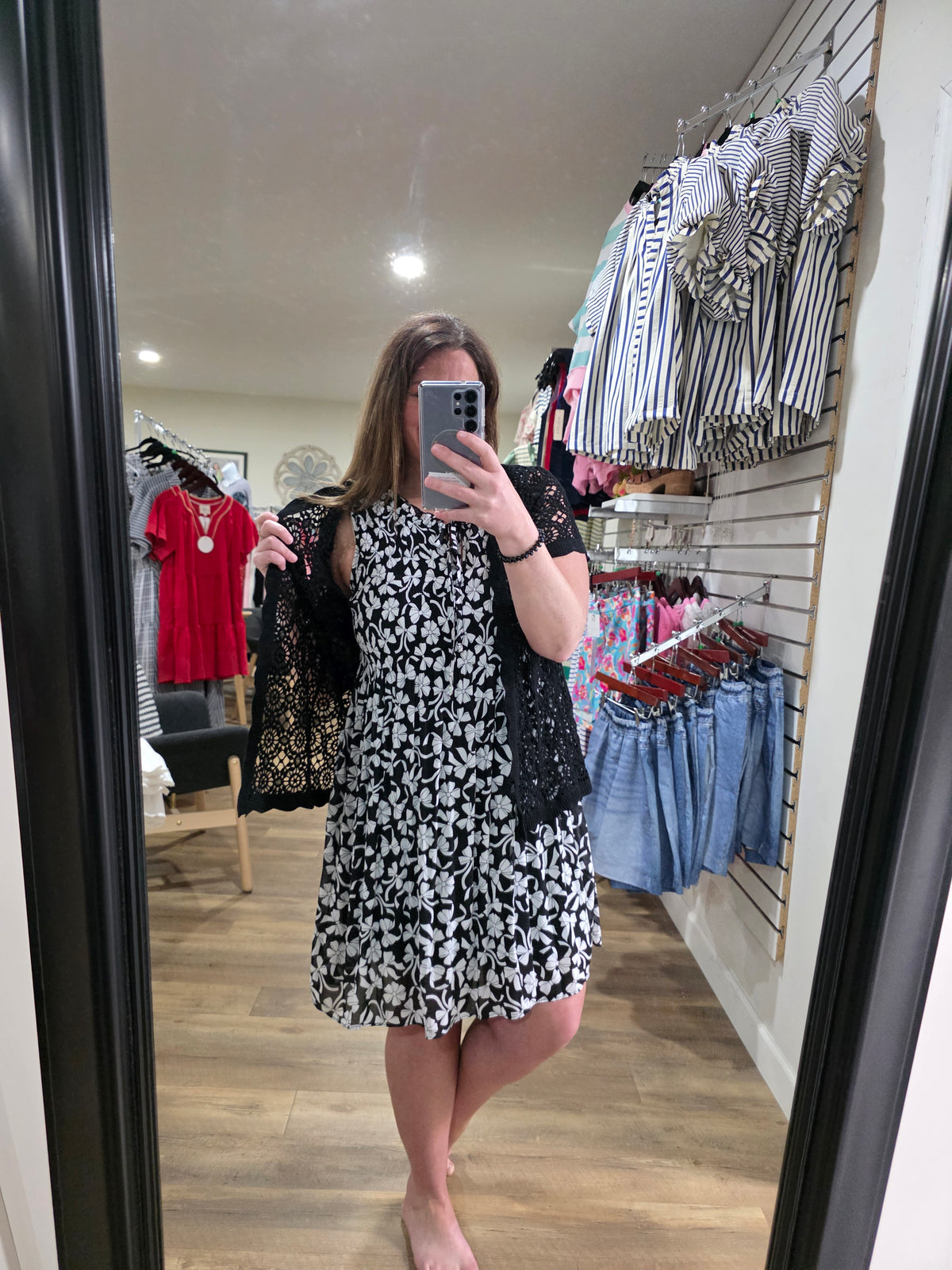 BLACK/WHITE LOOSE SMOCK BOW PRINT DRESS