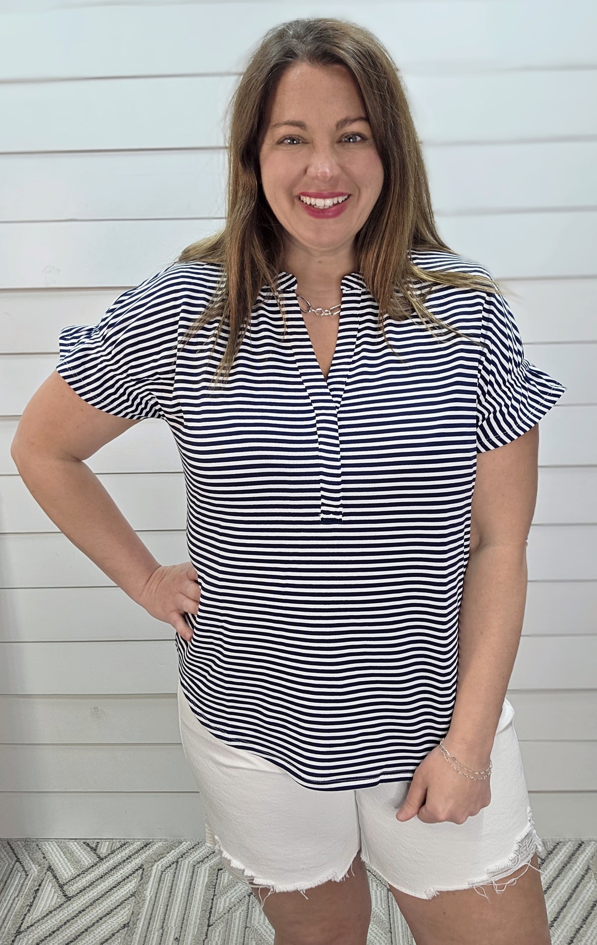 NAVY STRIPED KNIT TOP W/ SMOCKED SLEEVE