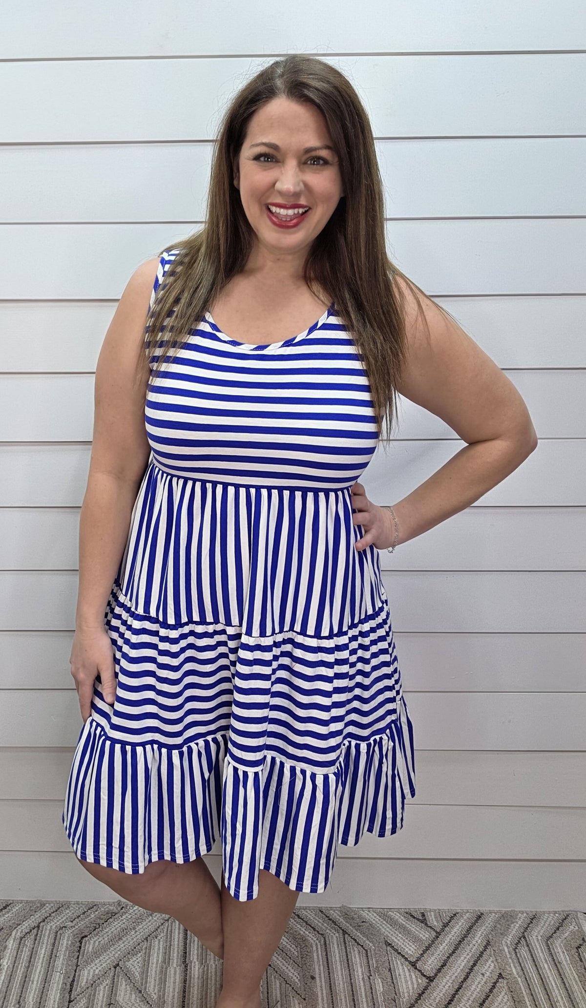 BLUE/WHITE CONTRAST STRIPED KNIT DRESS