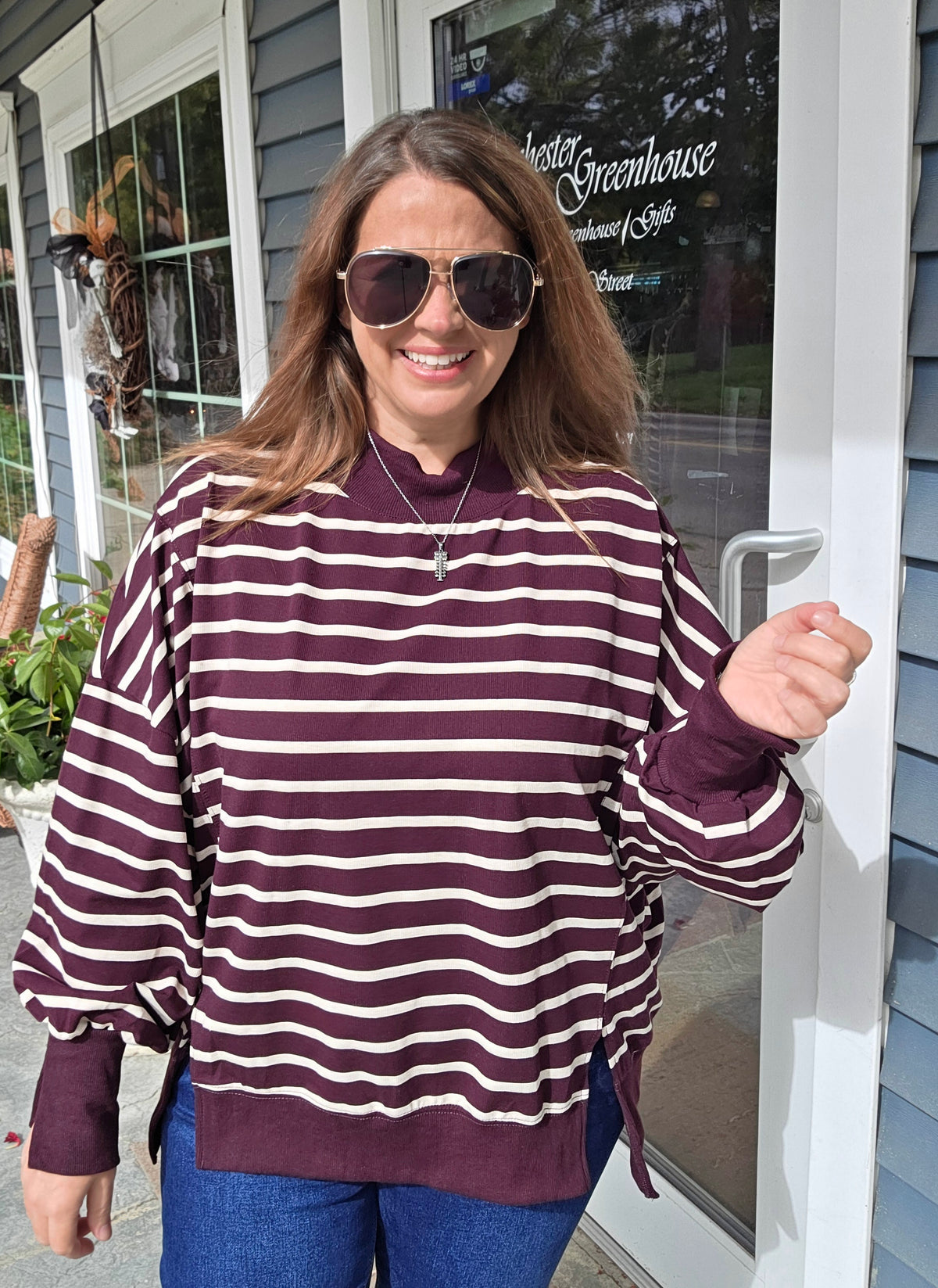 Raspberry and Ecru Striped Mock Neck oversized knit top