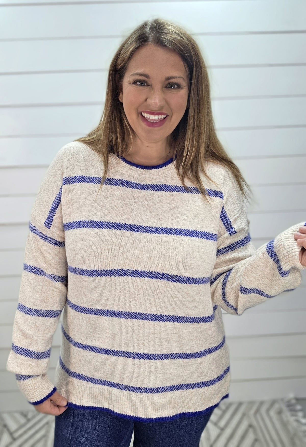 OATMEAL/ROYAL BLUE Crew Neck Long Sleeve Super Cozy Striped Pullover Sweater