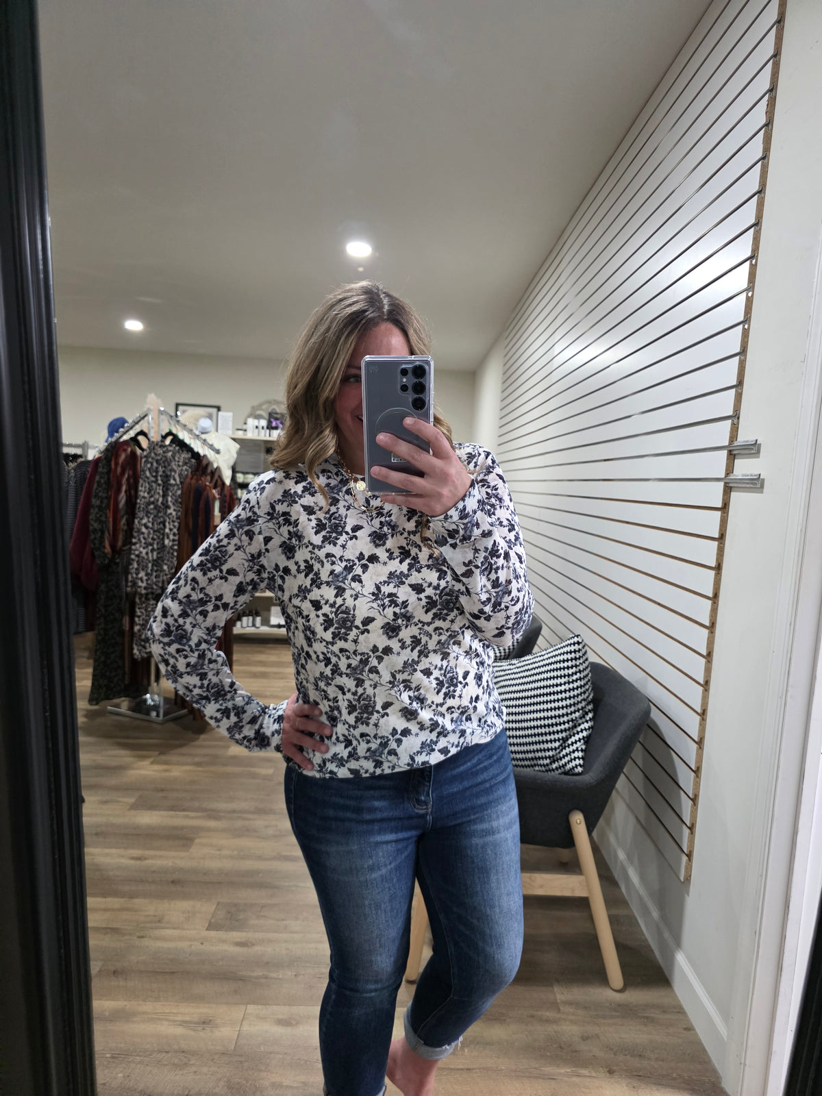 SHIRLEY AND STONE BLACK AND WHITE FLORAL MESH TOP