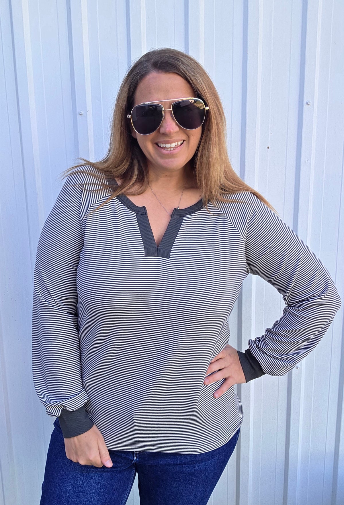 Charcoal Y Split Neck, Long Sleeve, Micro Brushed Stripe Top