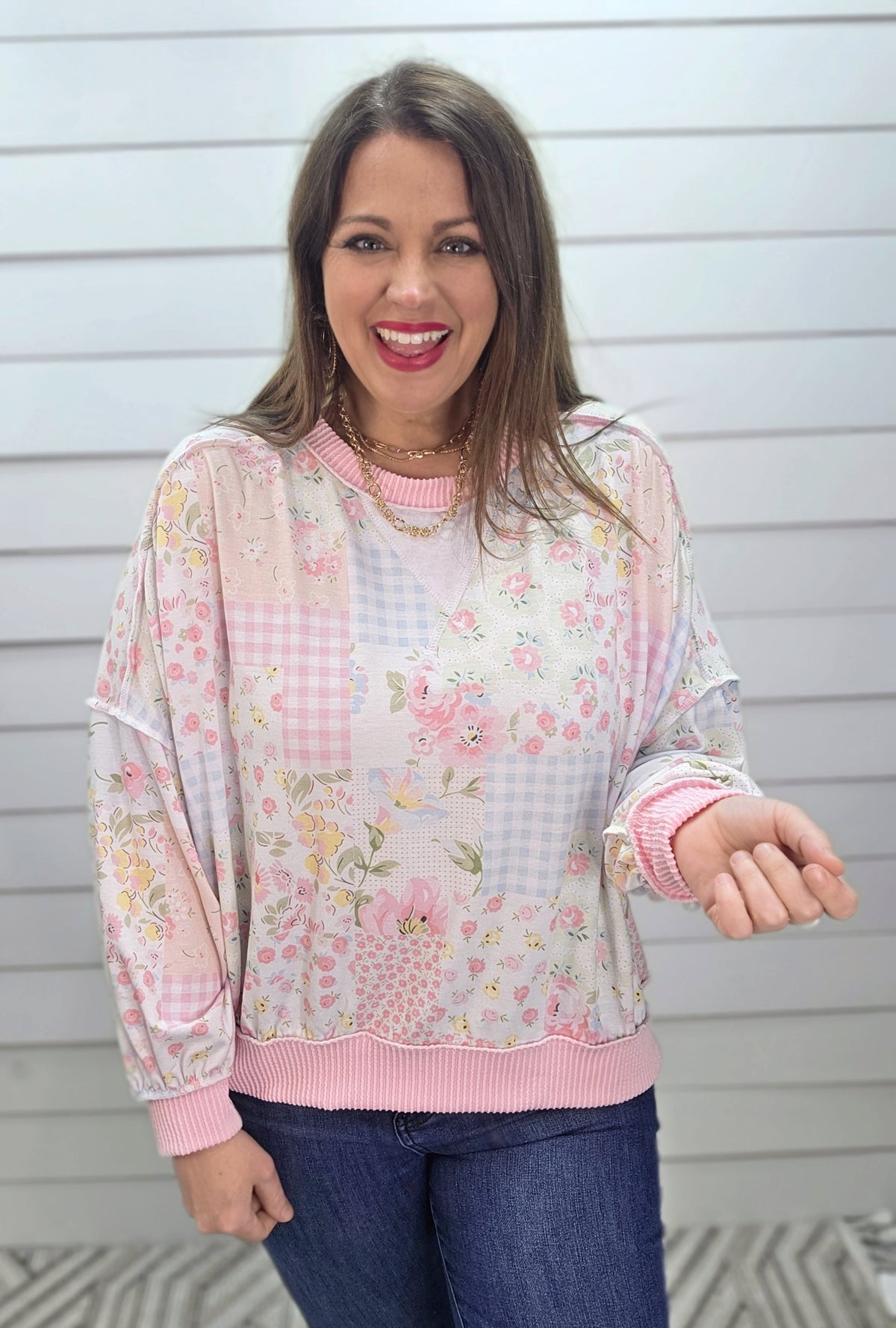 BLUSH/PINK PATCHWORK PRINTED LOOSE FIT TOP