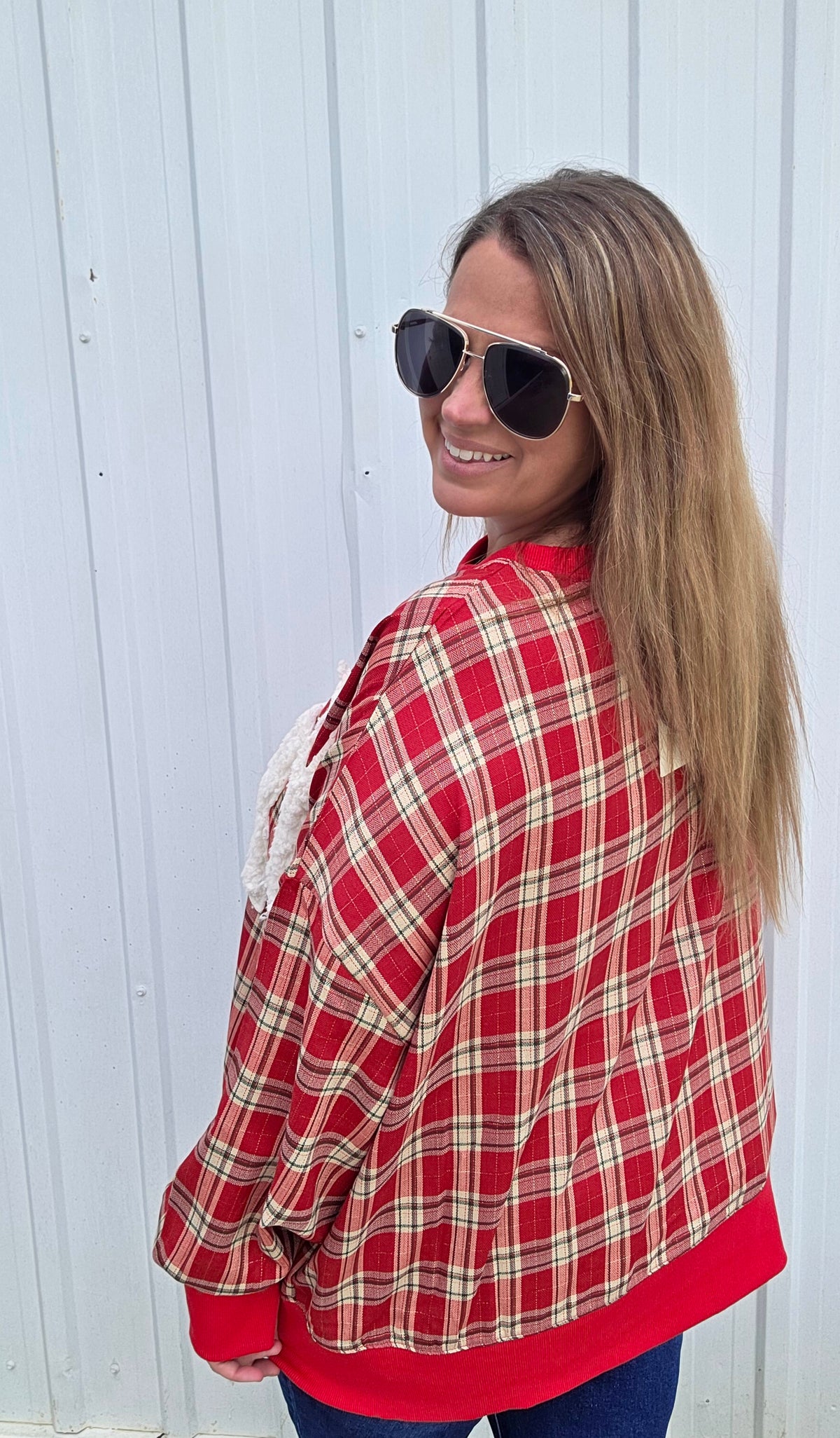 DARK RED PLAID MERRY OVERSIZED TOP