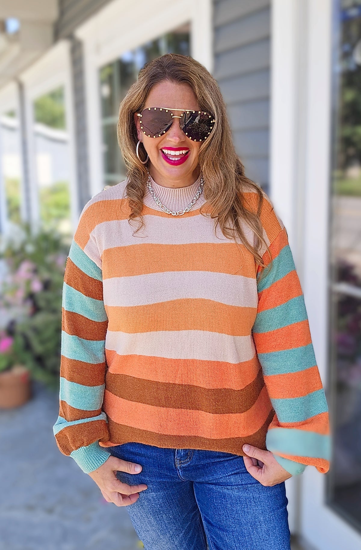 ORANGE/TEAL COLORBLOCK KNIT HIGH NECK SWEATER