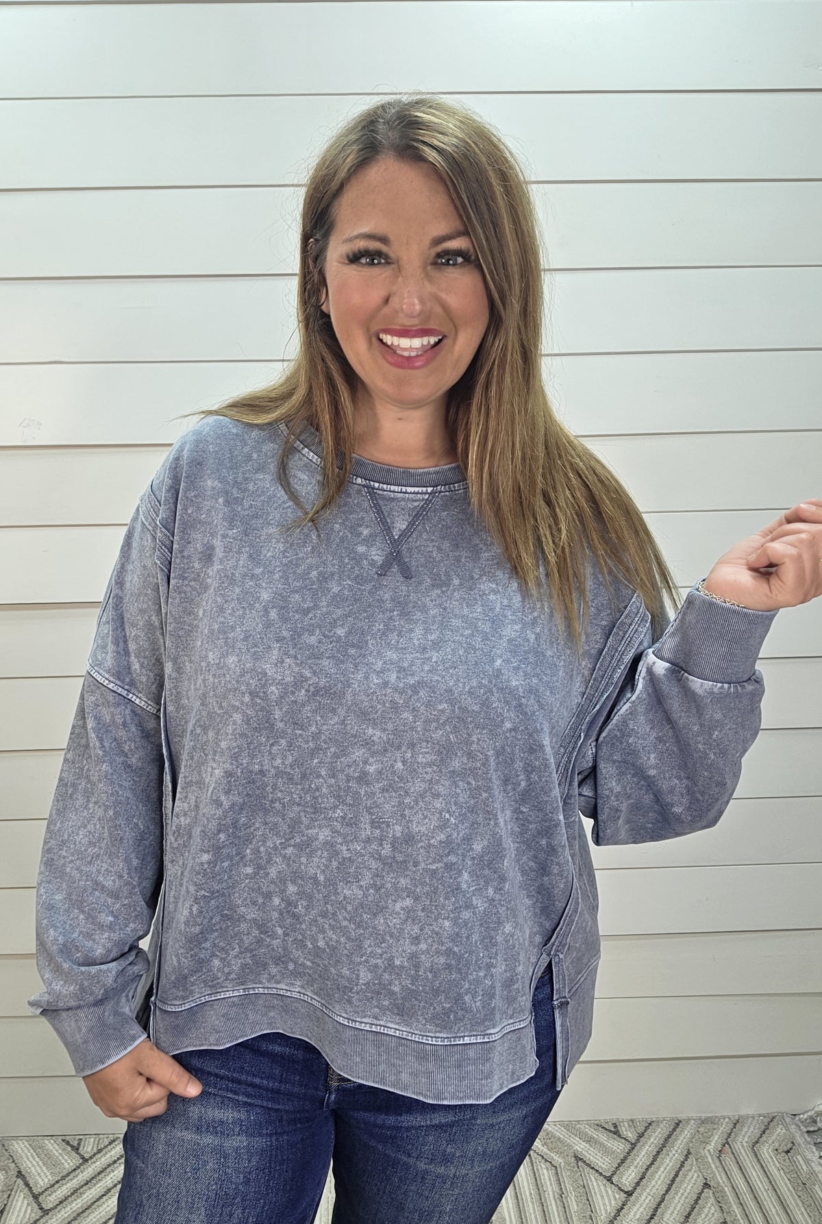 INDIGO BLUE Acid Wash Long Sleeve Side Slit Knit Top —