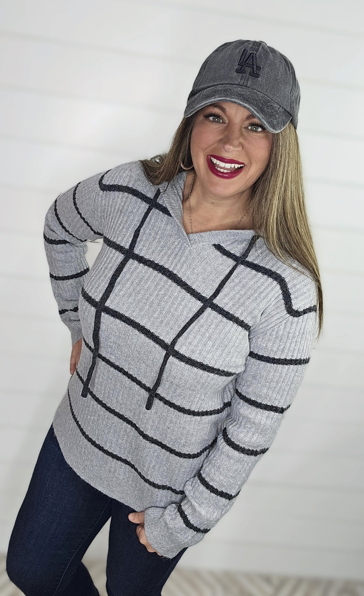 HEATHER GREY HOODED RIBBED STRIPED SWEATER PULLOVER