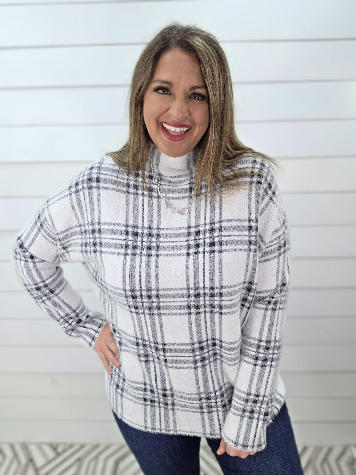 OFF WHITE/BLACK MOCK NECK FUZZY SOFT PLAID CHECK SWEATER