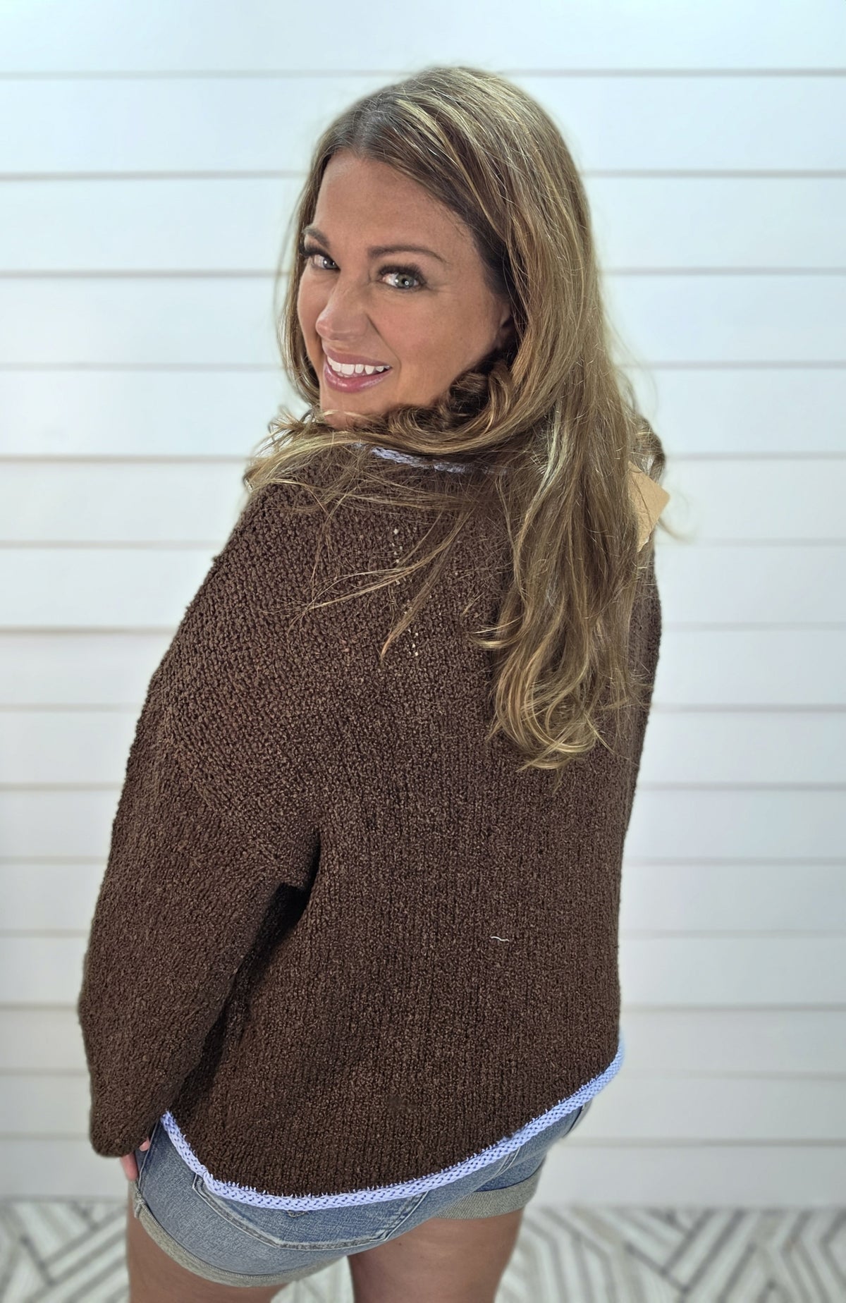 CHOCOLATE BROW/BLUE Contrast Trim Long Sleeve Knit Sweater