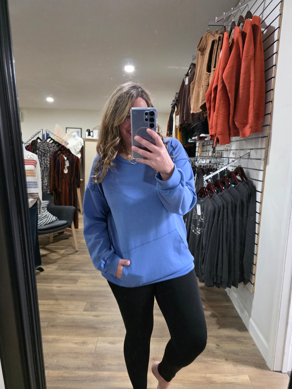 DENIM SCUBA CREW NECK PULLOVER WITH KANGAROO POCKET