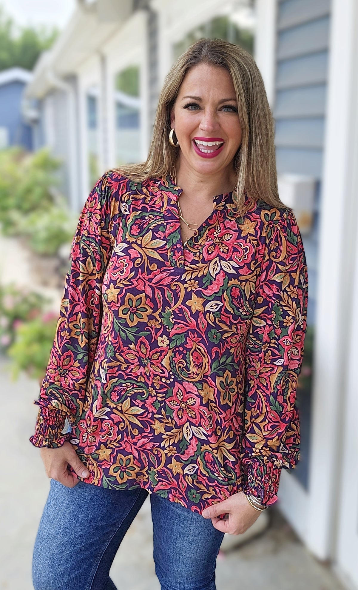 DEAR SCARLETT EGGPLANT FLORAL LONG SLEEVE SMOCKED LIZZY