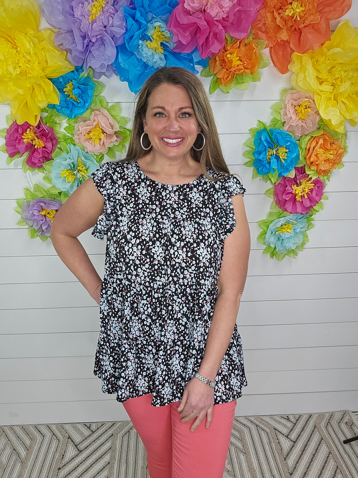 BLACK/HOT PINK FLORAL TIERED TOP