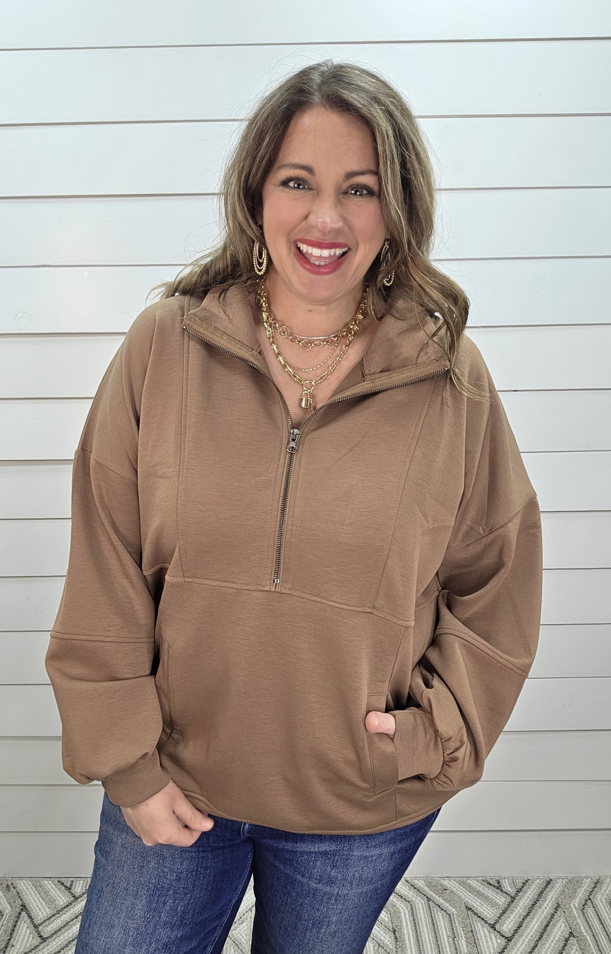 BROWN SCUBA HALF ZIP PULLOVER W/ KANGAROO POCKET