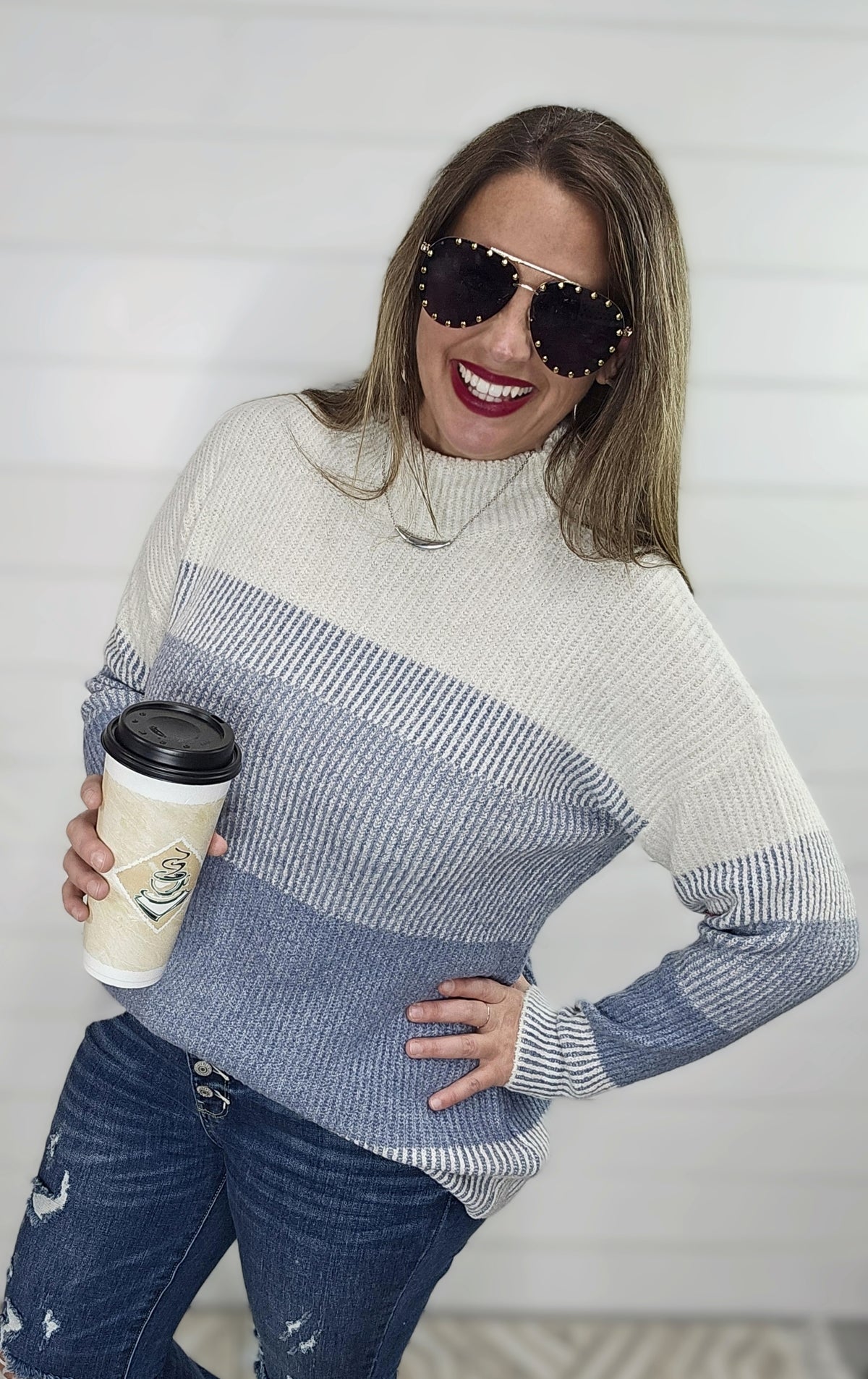 DENIM RIBBED COLORBLOCK MOCK NECK SWEATER