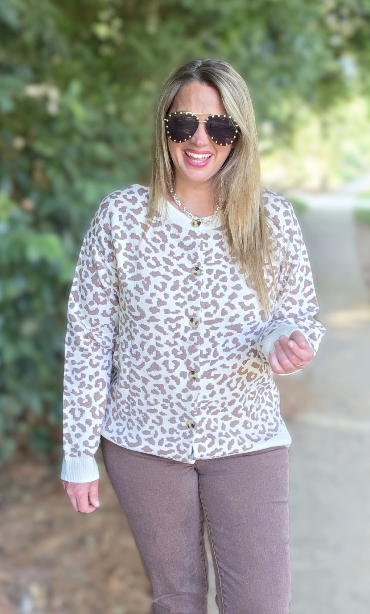BROWN/CREAM ANIMAL PRINT BUTTON DOWN SWEATER CARDIGAN