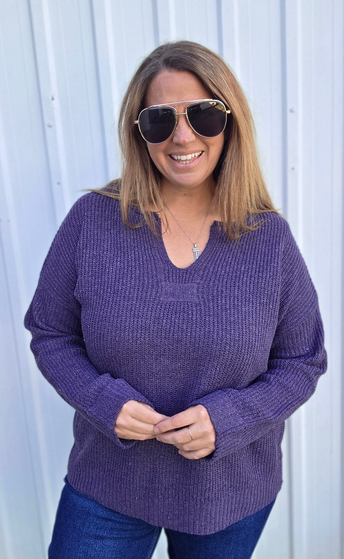 Eggplant Slit Neck With Patch Detail, Long Sleeve, Ribbed, Solid Sweater