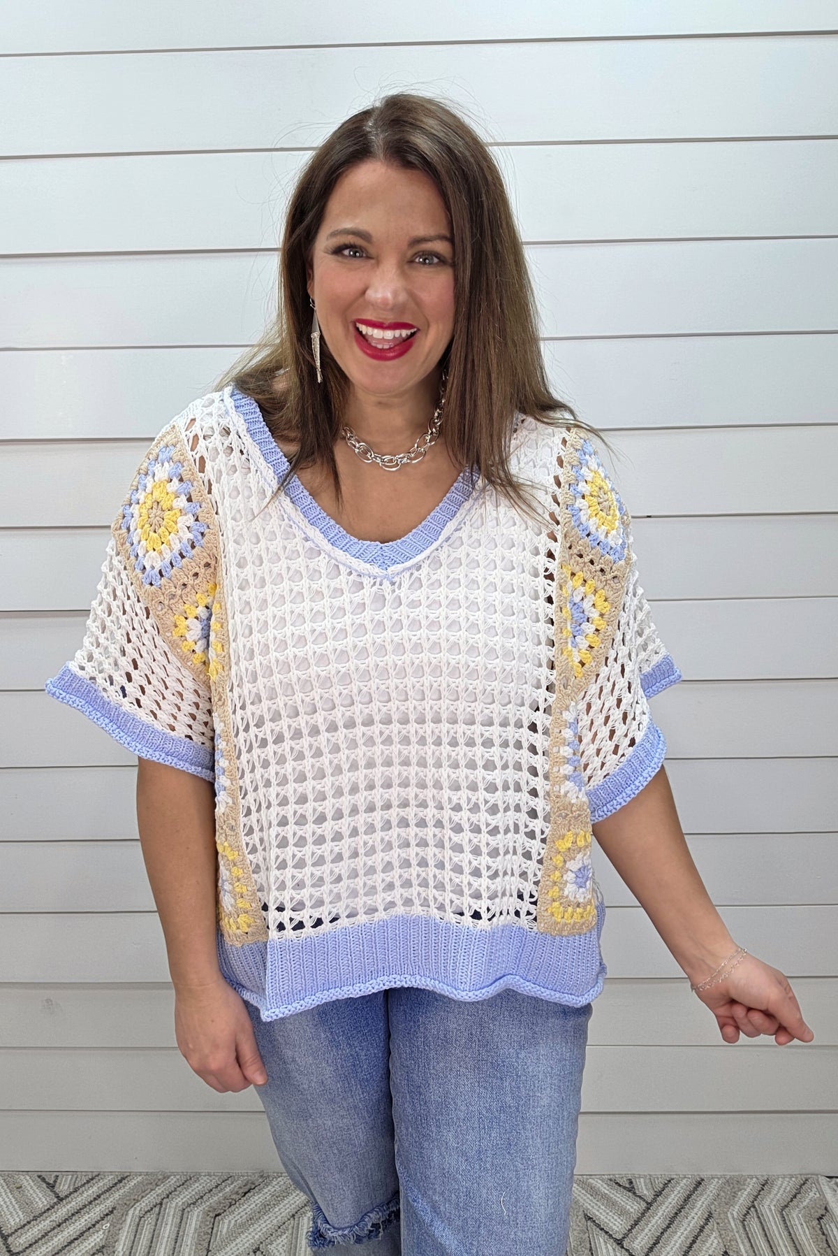 WHITE OPEN KNIT SWEATER WITH SKY BLUE TRIM & PATCHWORK