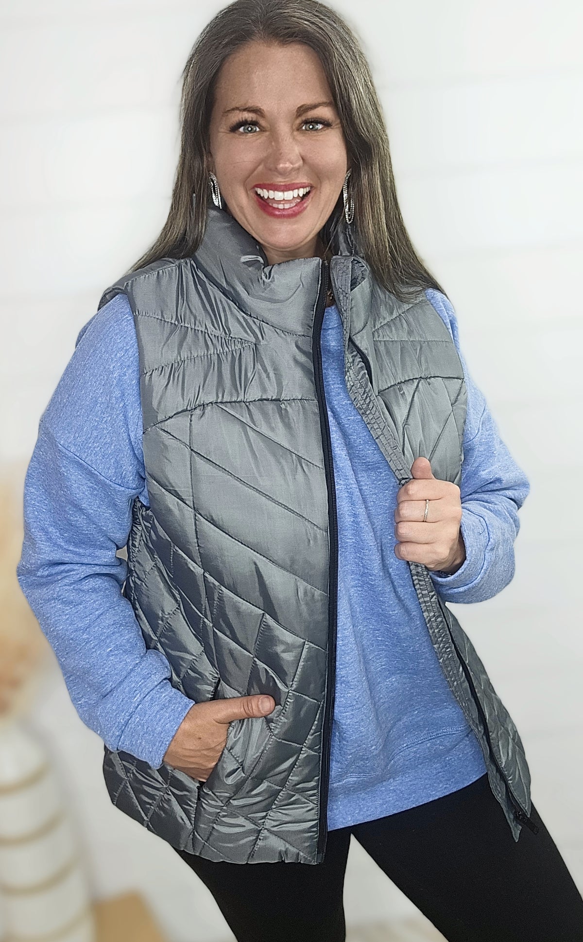 KAREN HART GREY QUILTED FULL ZIP VEST