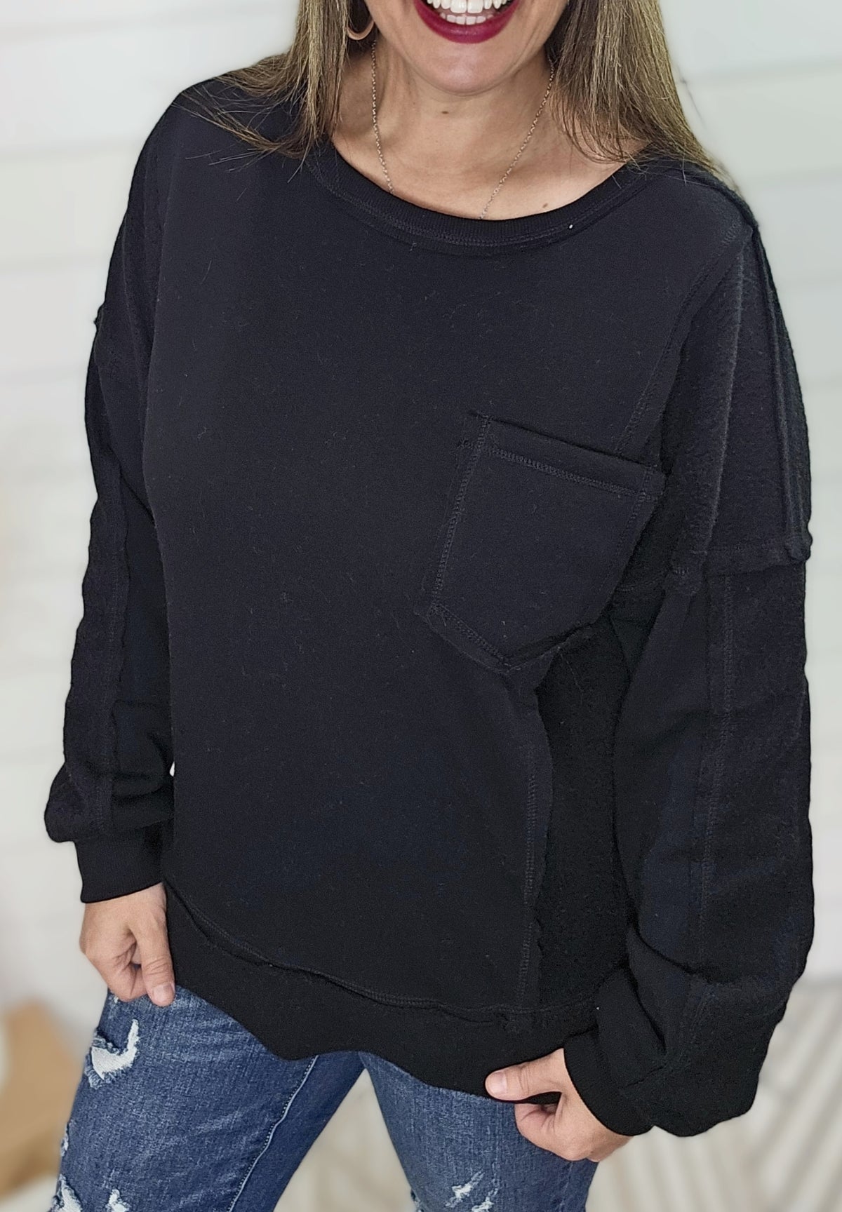 BLACK BRUSHED KNIT POCKET TOP