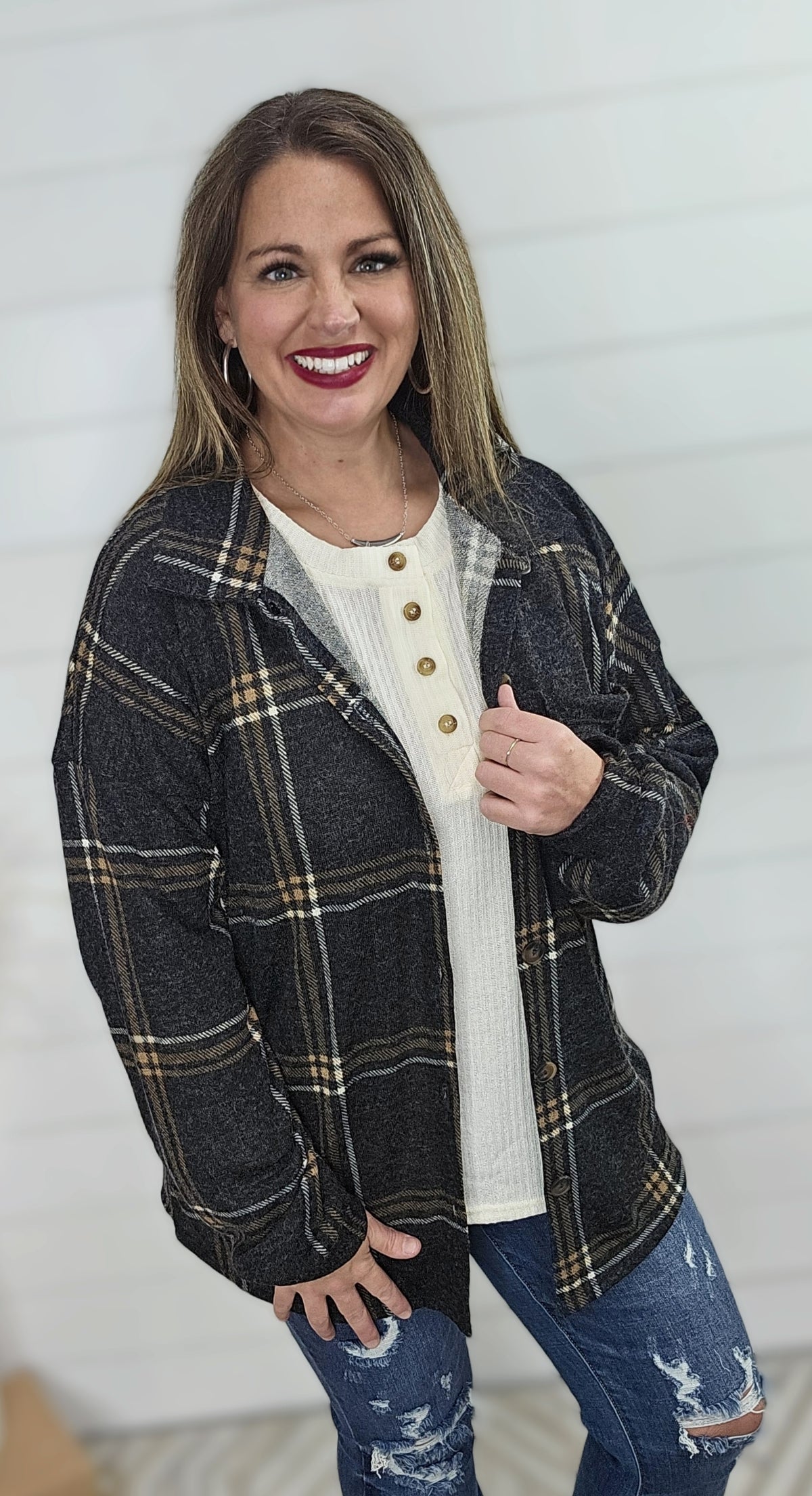 BLACK/CAMEL CHECK BUTTON DOWN TOP