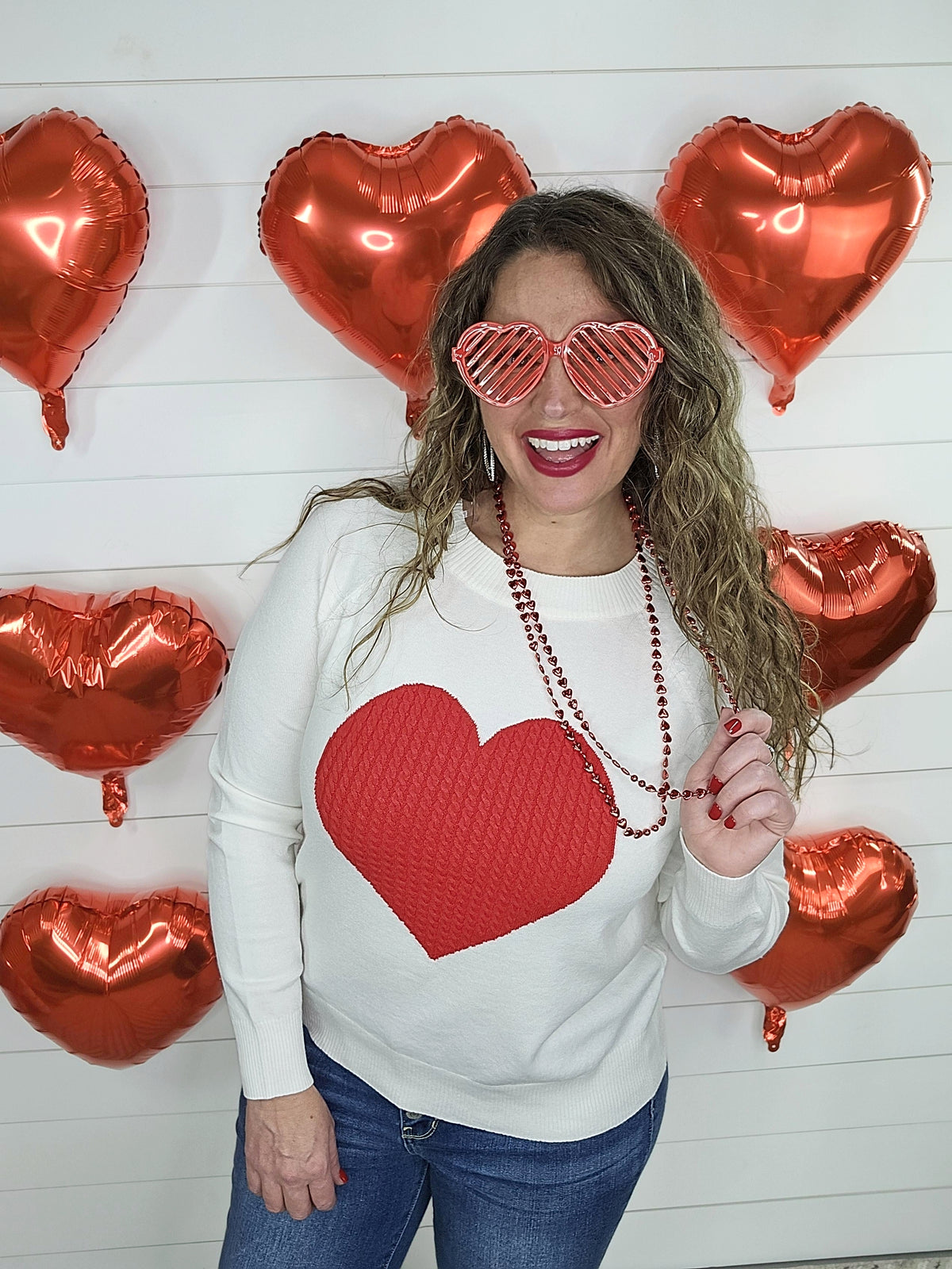 CREAM SWEATER WITH RED LARGE HEART