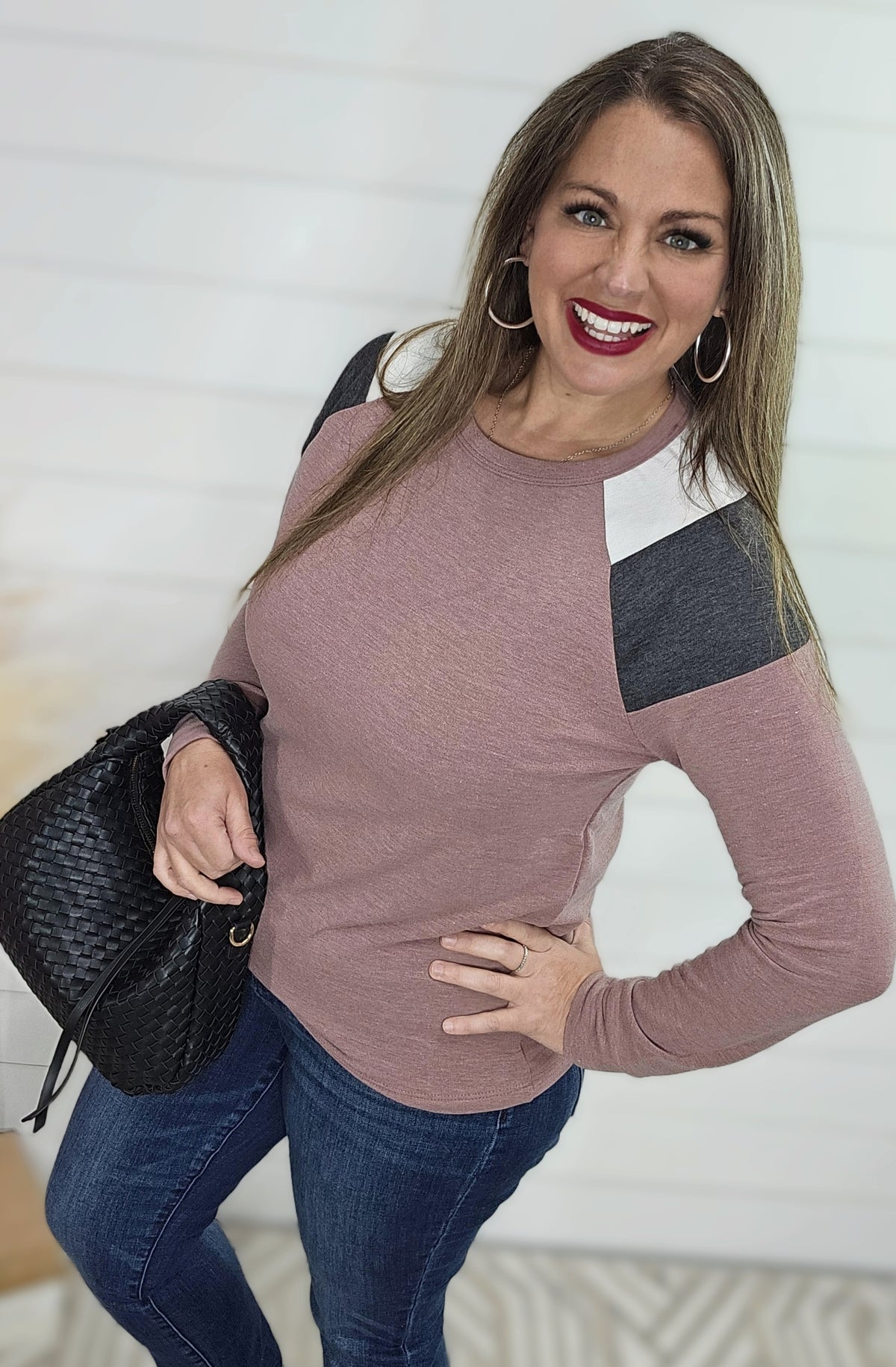 MAUVE COLORBLOCK SLEEVE FRENCH TERRY TOP