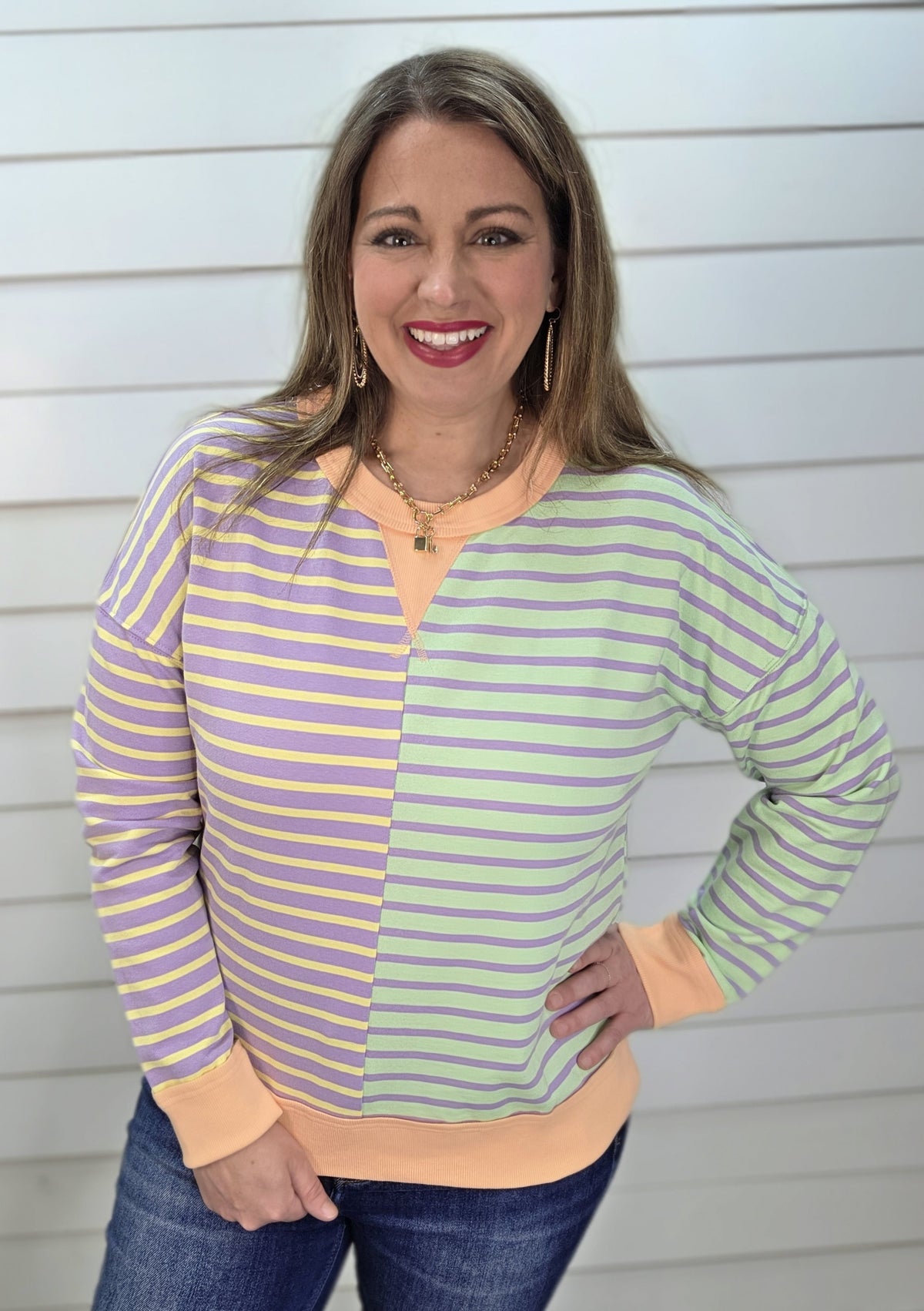 LAVENDER/LEMON/SAGE/ORANGE STRIPED CONTRAST COLORBLOCK FRENCH TERRY TOP