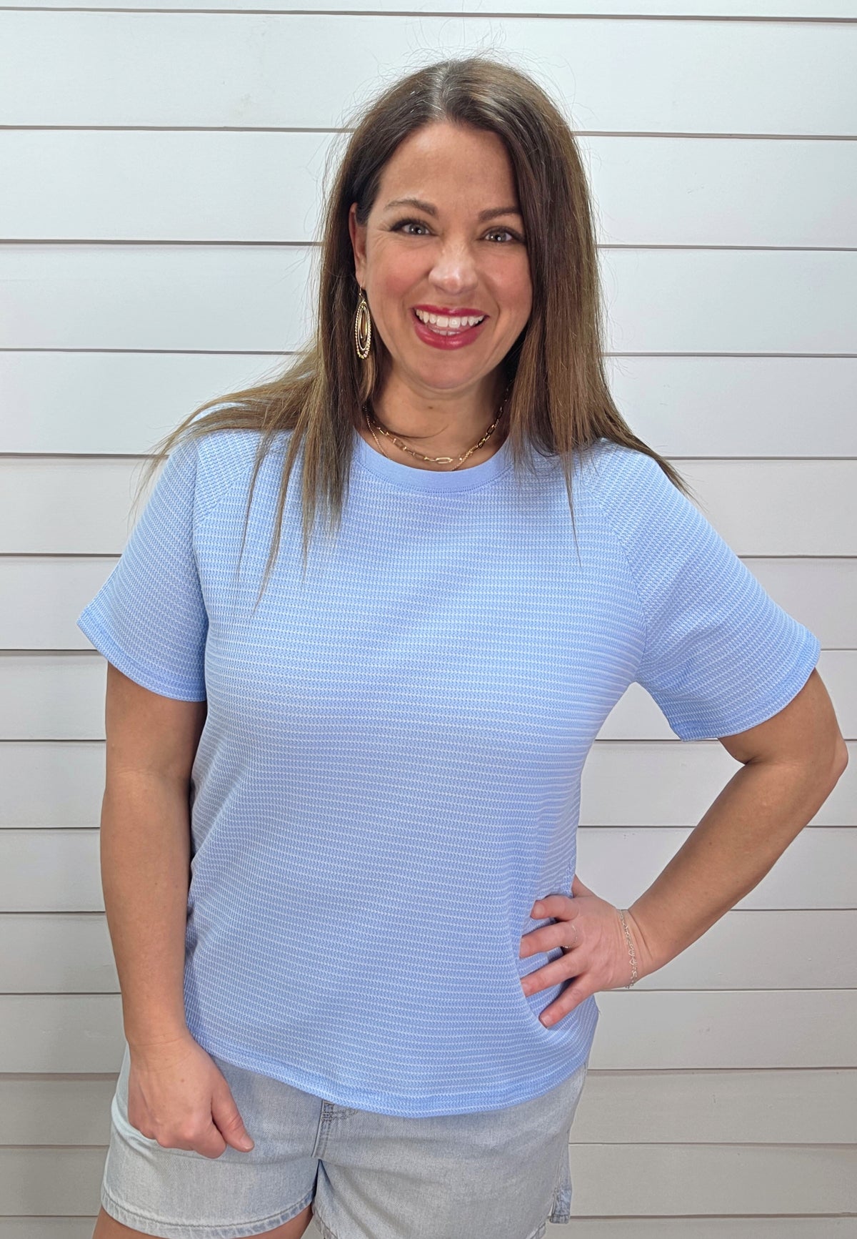 BABY BLUE STRIPED TEXTURED KNIT TOP
