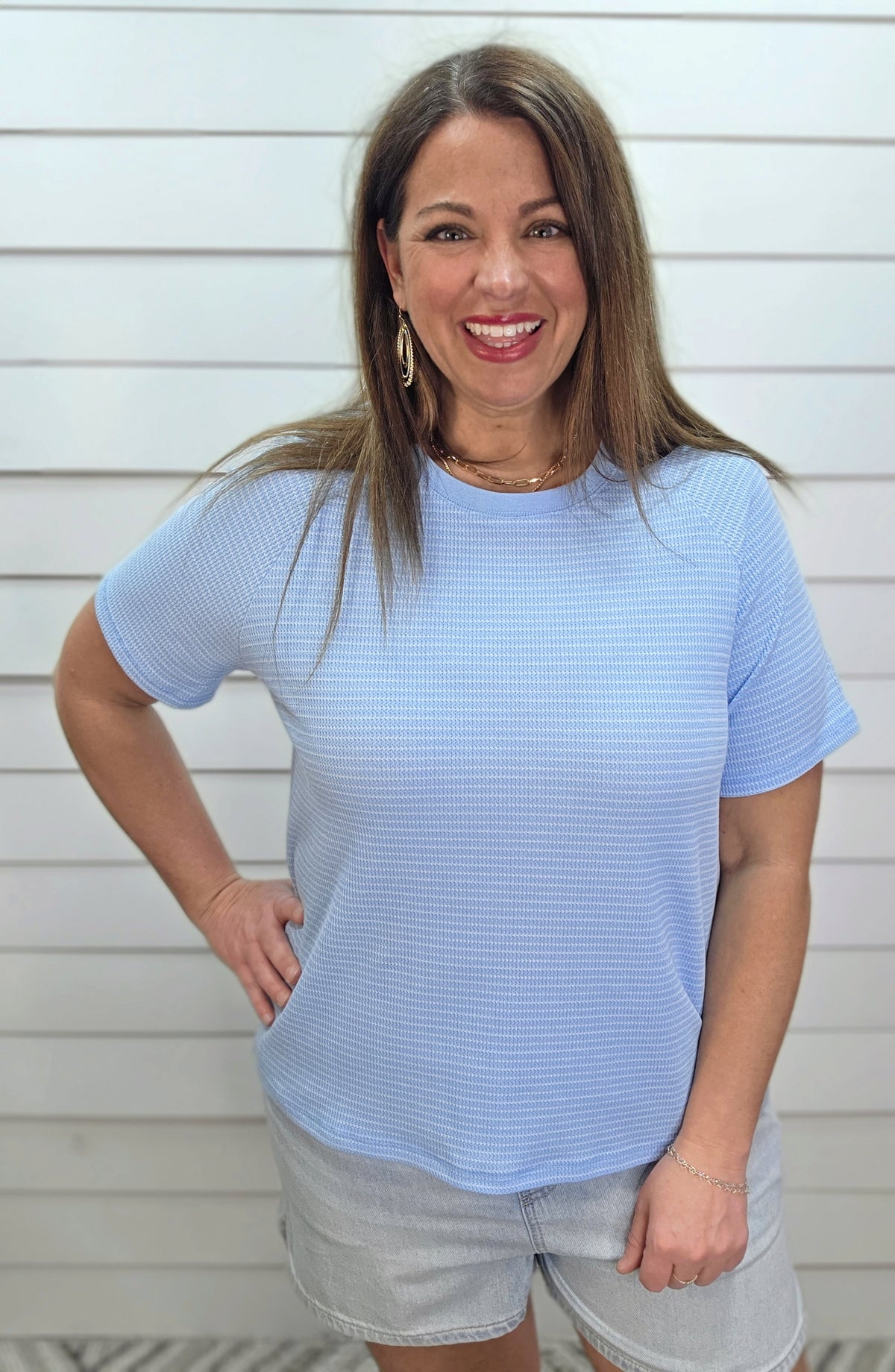 BABY BLUE STRIPED TEXTURED KNIT TOP