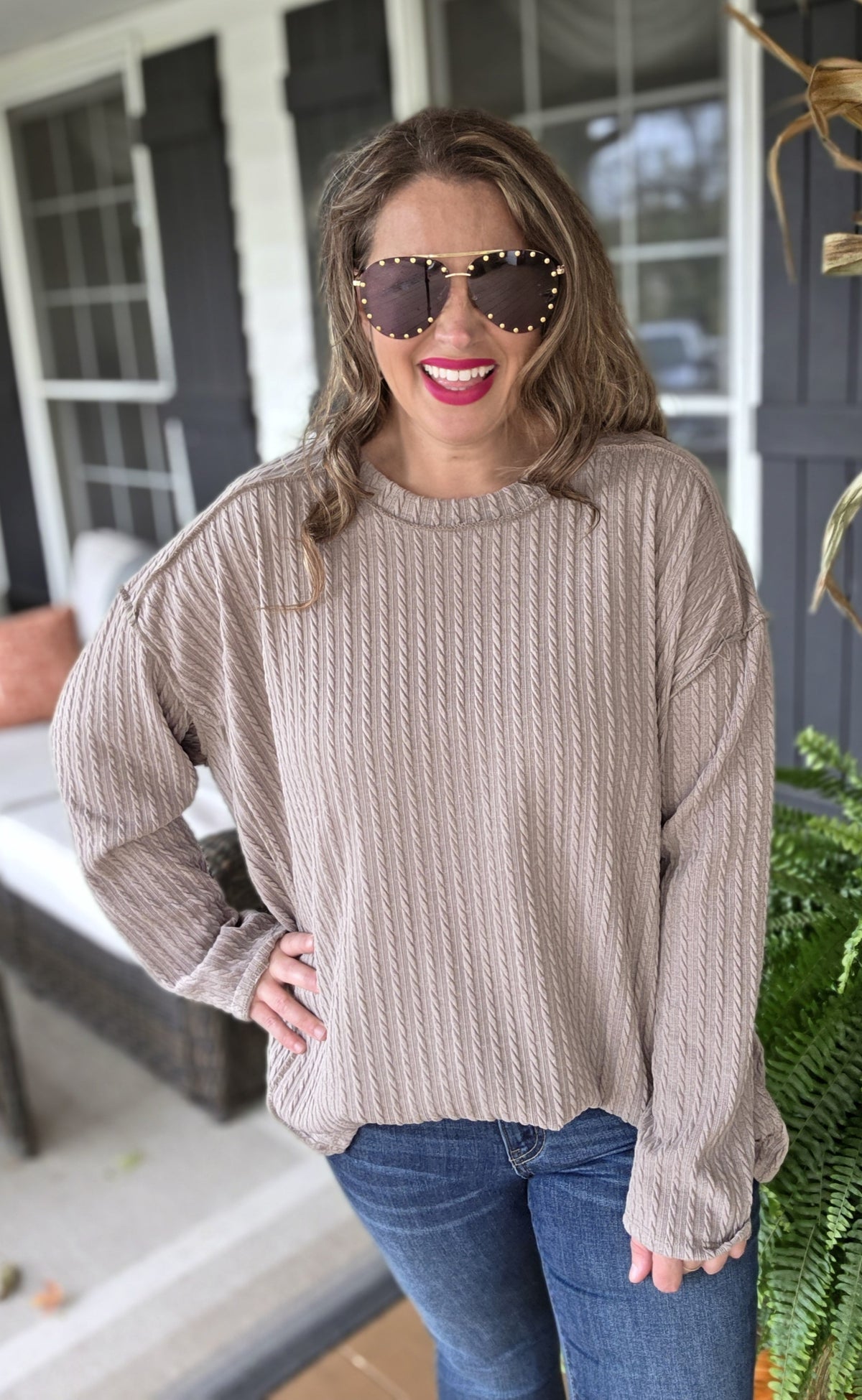 LT BROWN TEXTURED CREW NECK KNIT TOP
