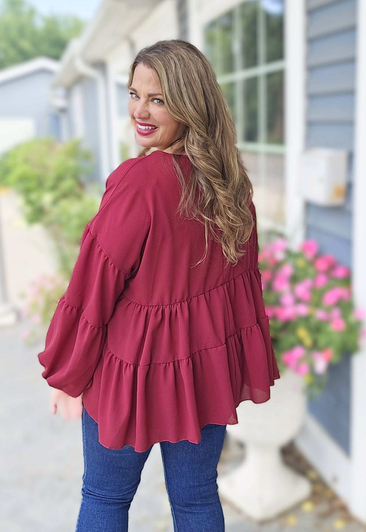 WINE TIERED BACK TIE WOVEN FLOWY TOP