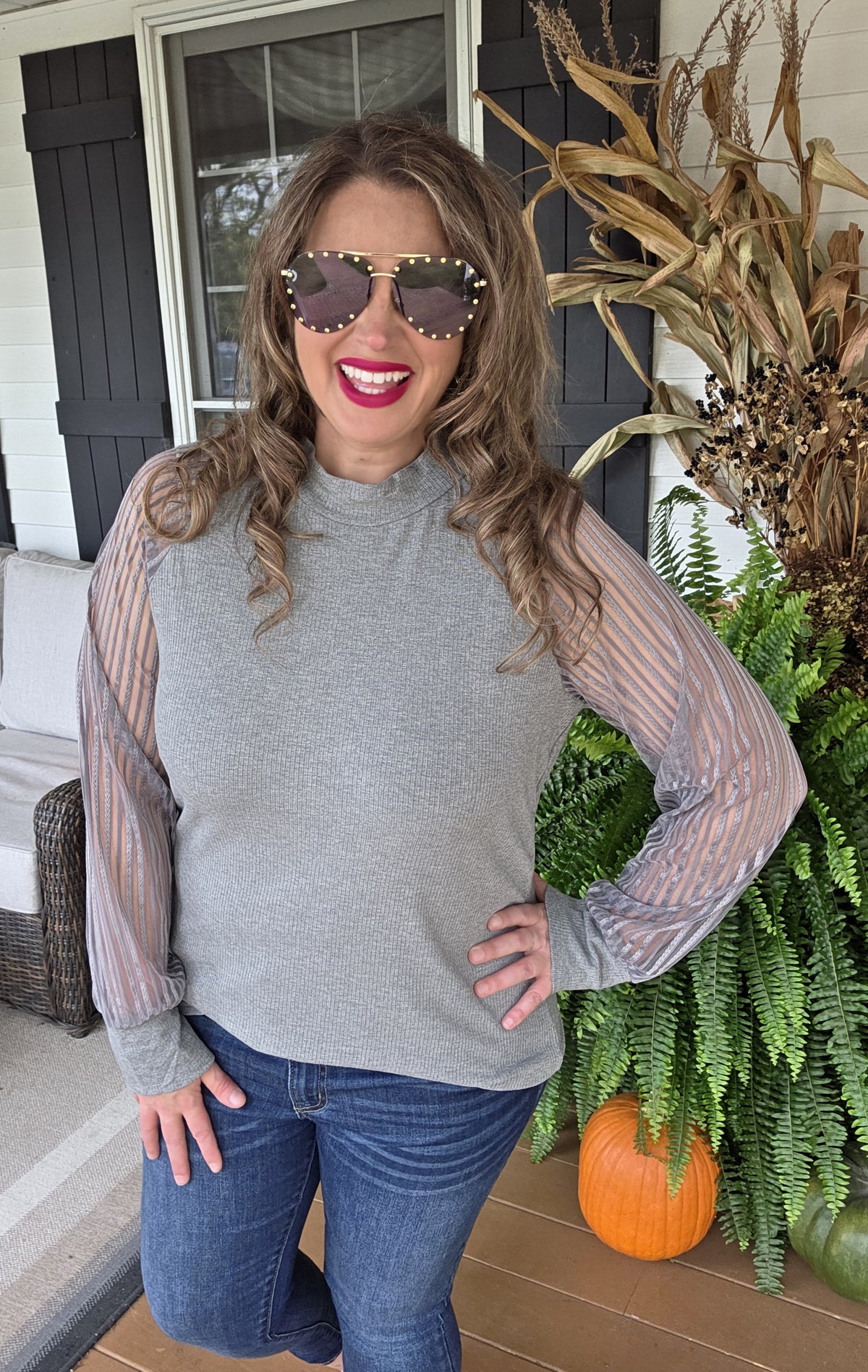 GREY RIBBED KNIT/ STRIPED MESH SLEEVE TOP