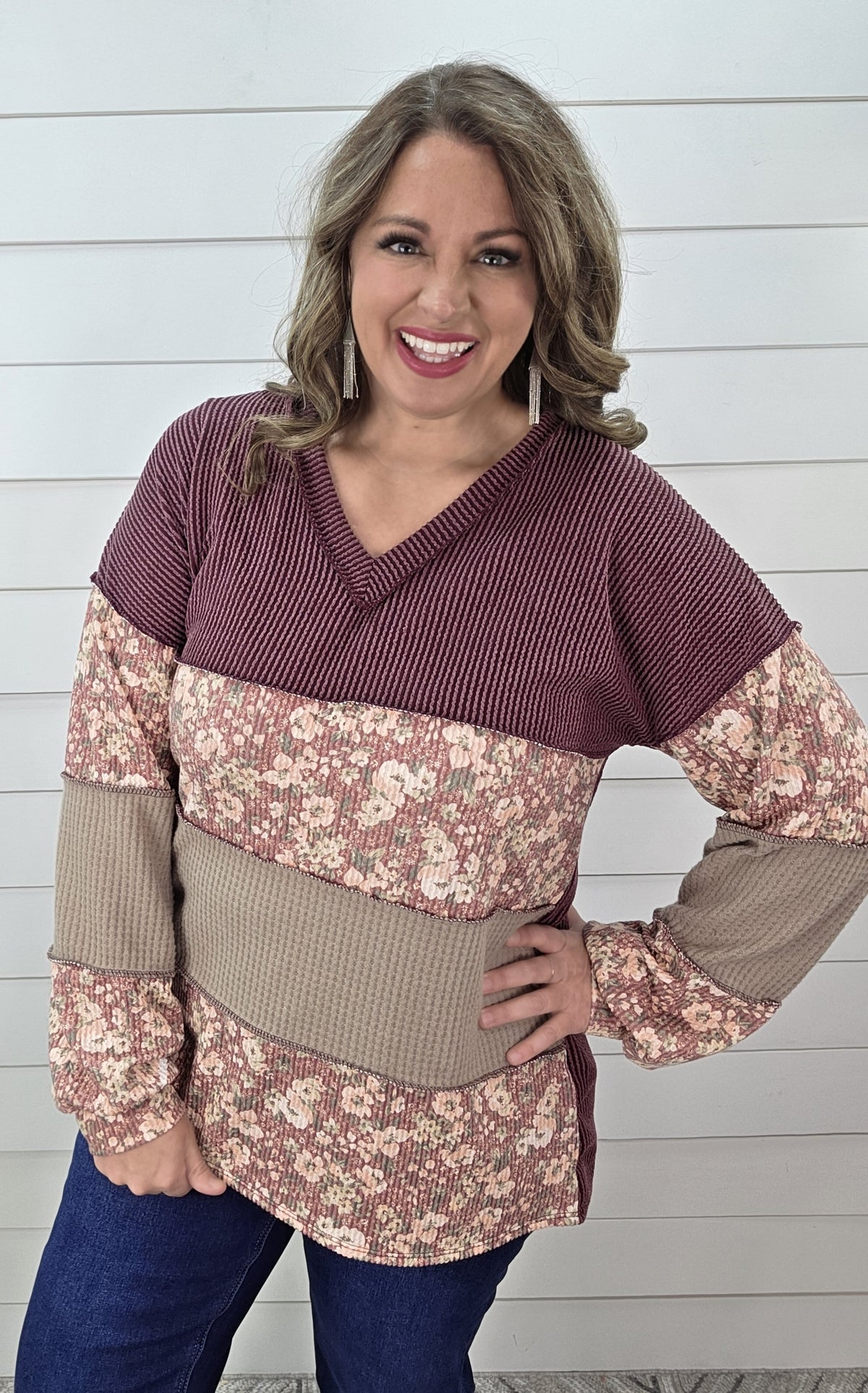 BURGUNDY RAISED RIBBED FLORAL COLORBLOCK KNIT TOP