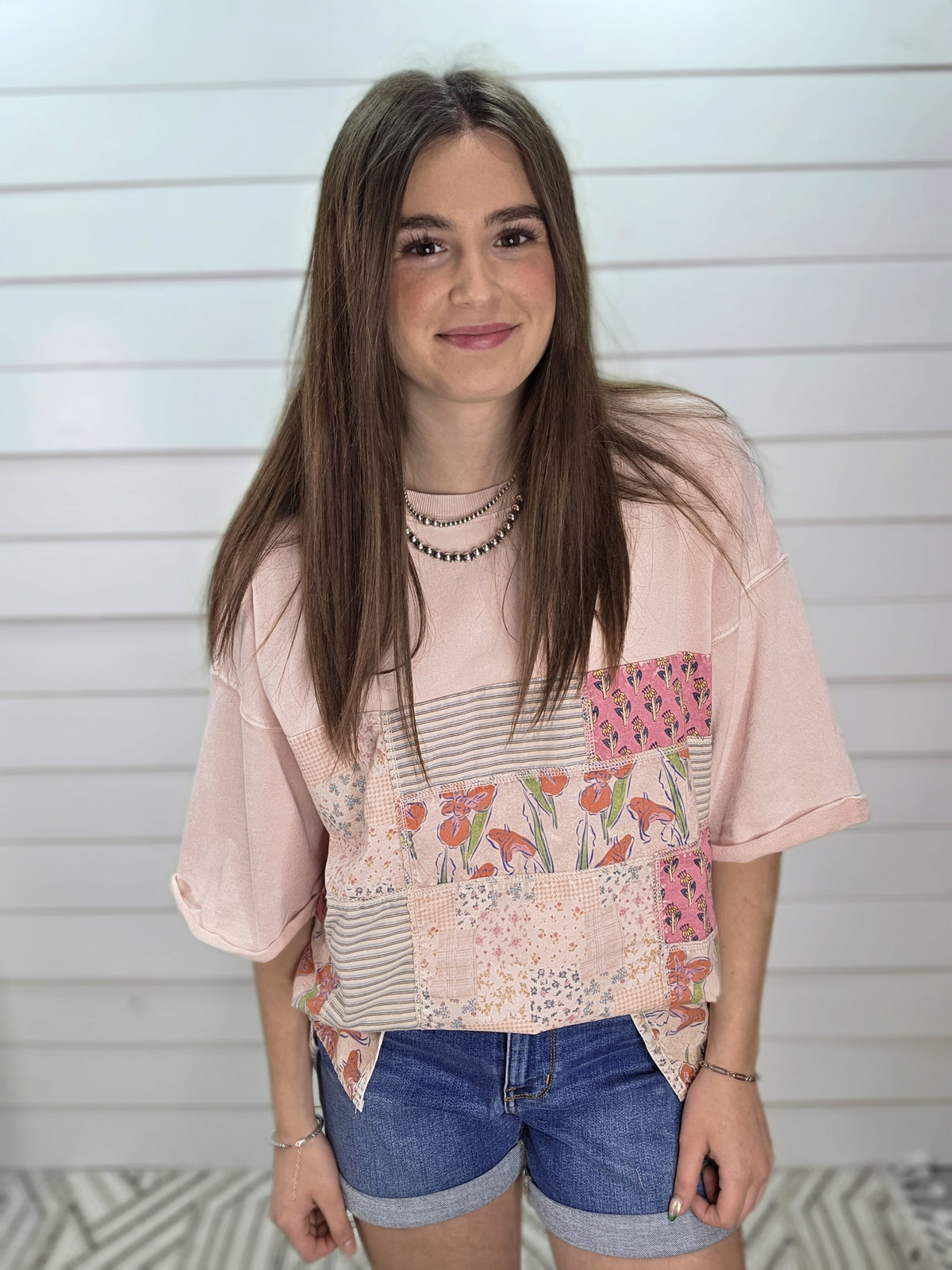 PINK OVERSIZED PATCHWORK FRENCH TERRY KNIT TOP