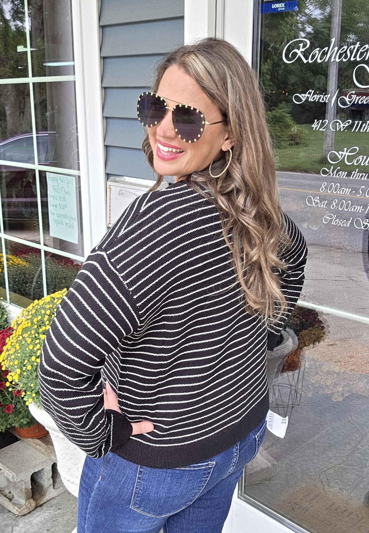 BLACK/WHITE PIN STRIPED BUTTON CARDIGAN/SWEATER