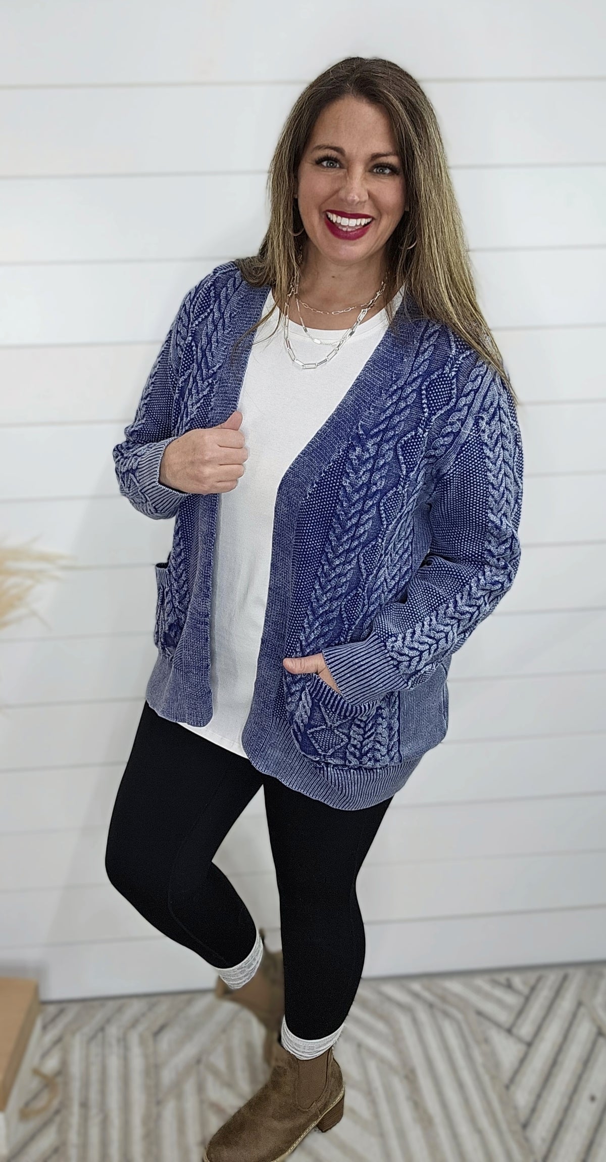 BLUE MINERAL WASH CABLE KNIT OPEN FRONT CARDIGAN