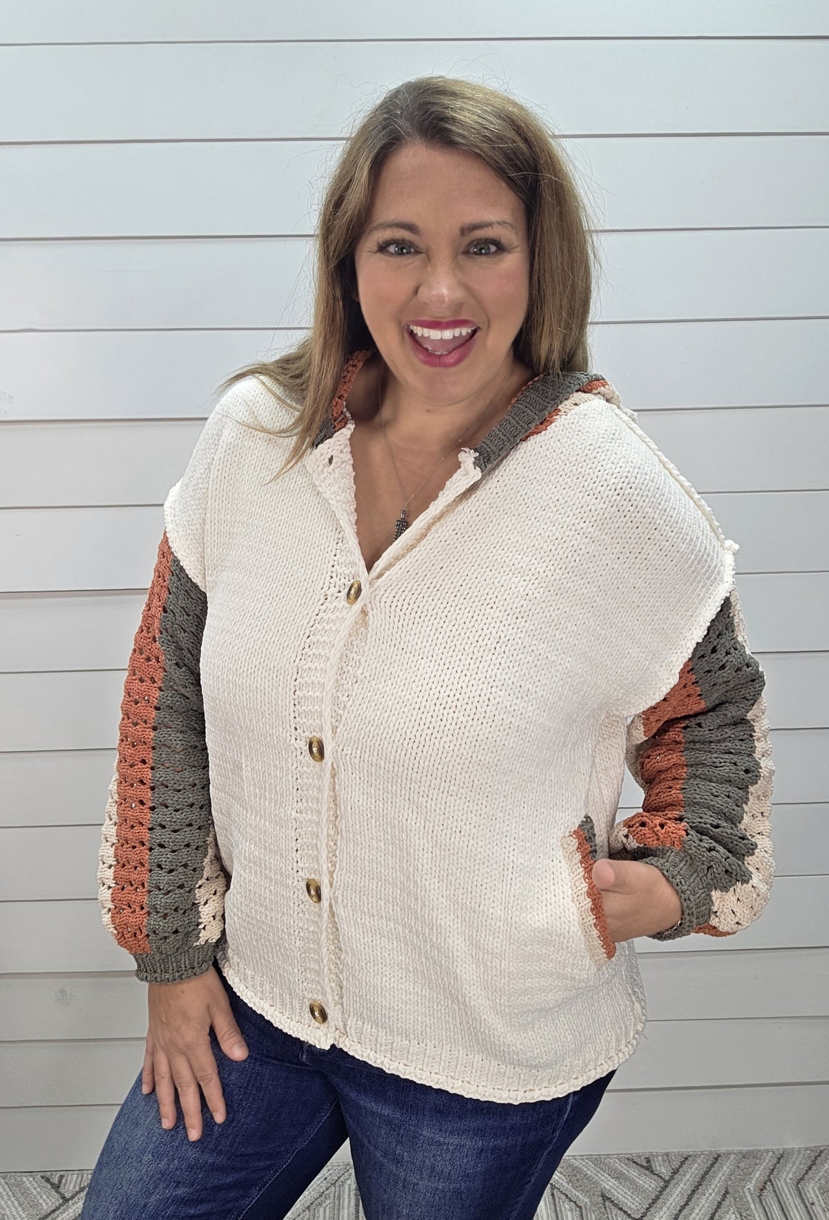 IVORY BUTTON KNIT SWEATER W/ OPEN KNIT COLORBLOCK SLEEVES