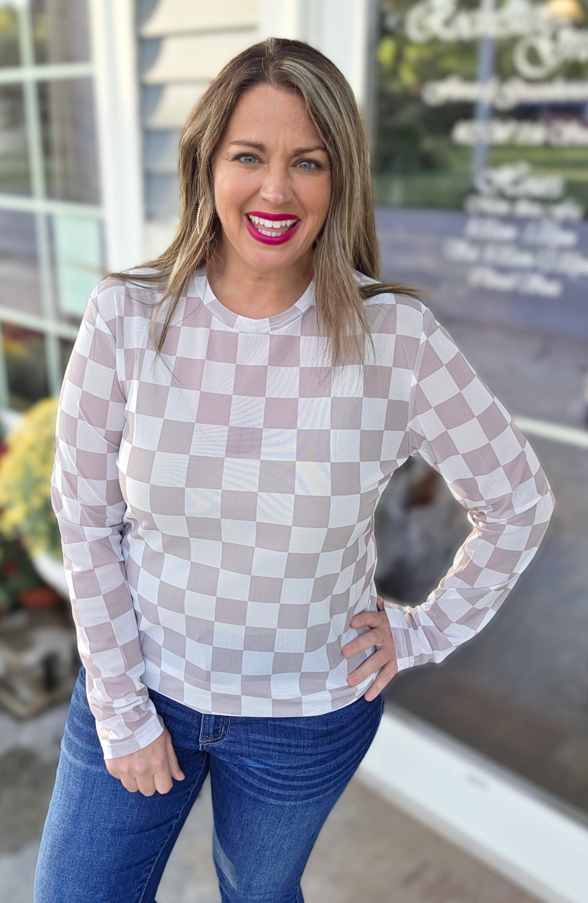 SHIRLY AND STONE TAUPE CHECK MESH TOP