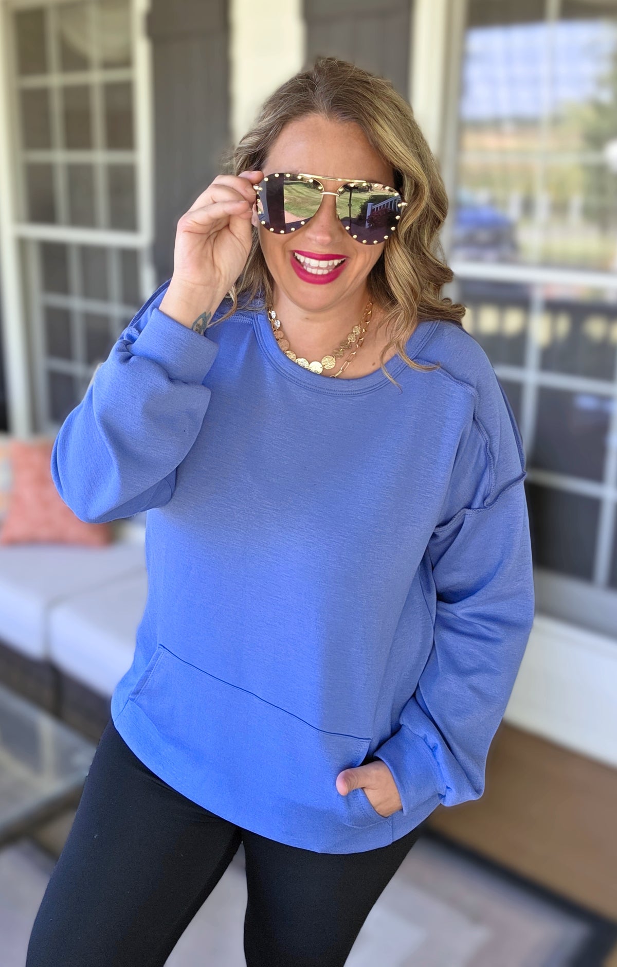 DENIM SCUBA CREW NECK PULLOVER WITH KANGAROO POCKET