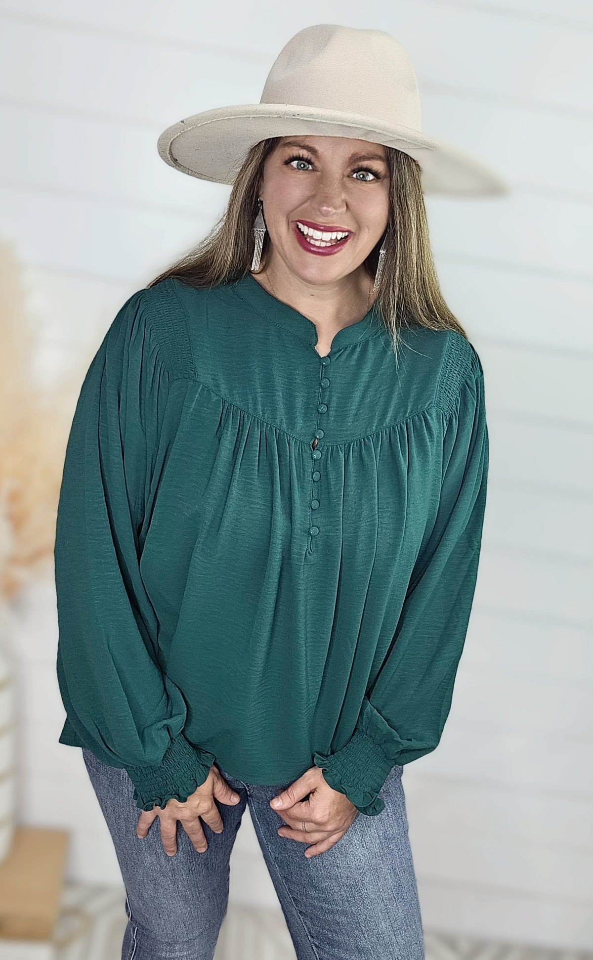 GREEN SMOCKED SHOULDER BUTTON UP WOVEN TOP