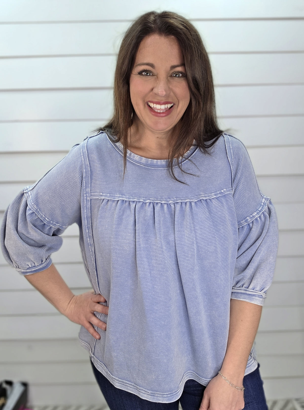 BLUE RIBBED KNIT OVERSIZED MINERAL WASH TOP
