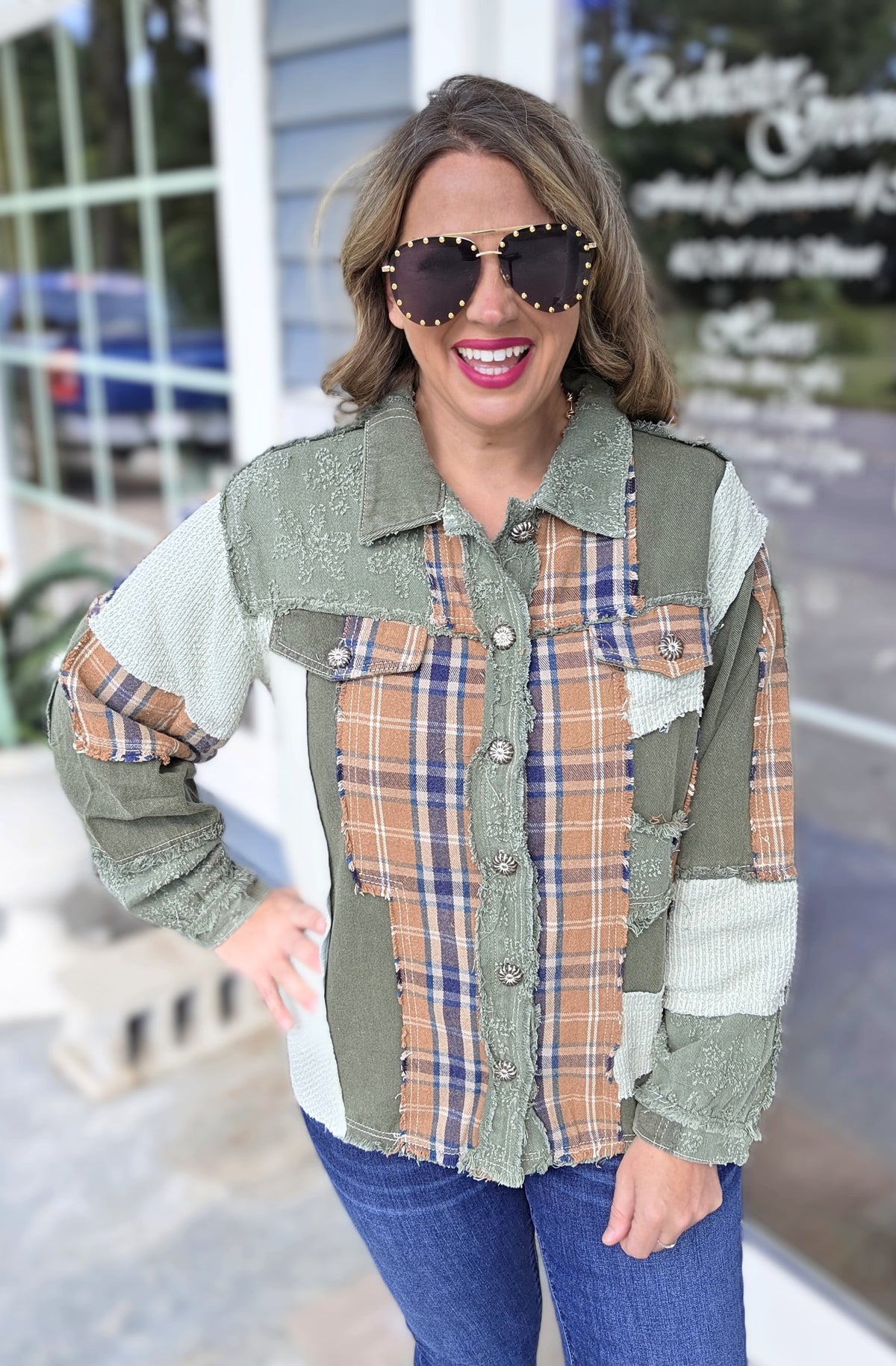 POL OLIVE/MUSTARD PLAID BUTTON UP JACKET