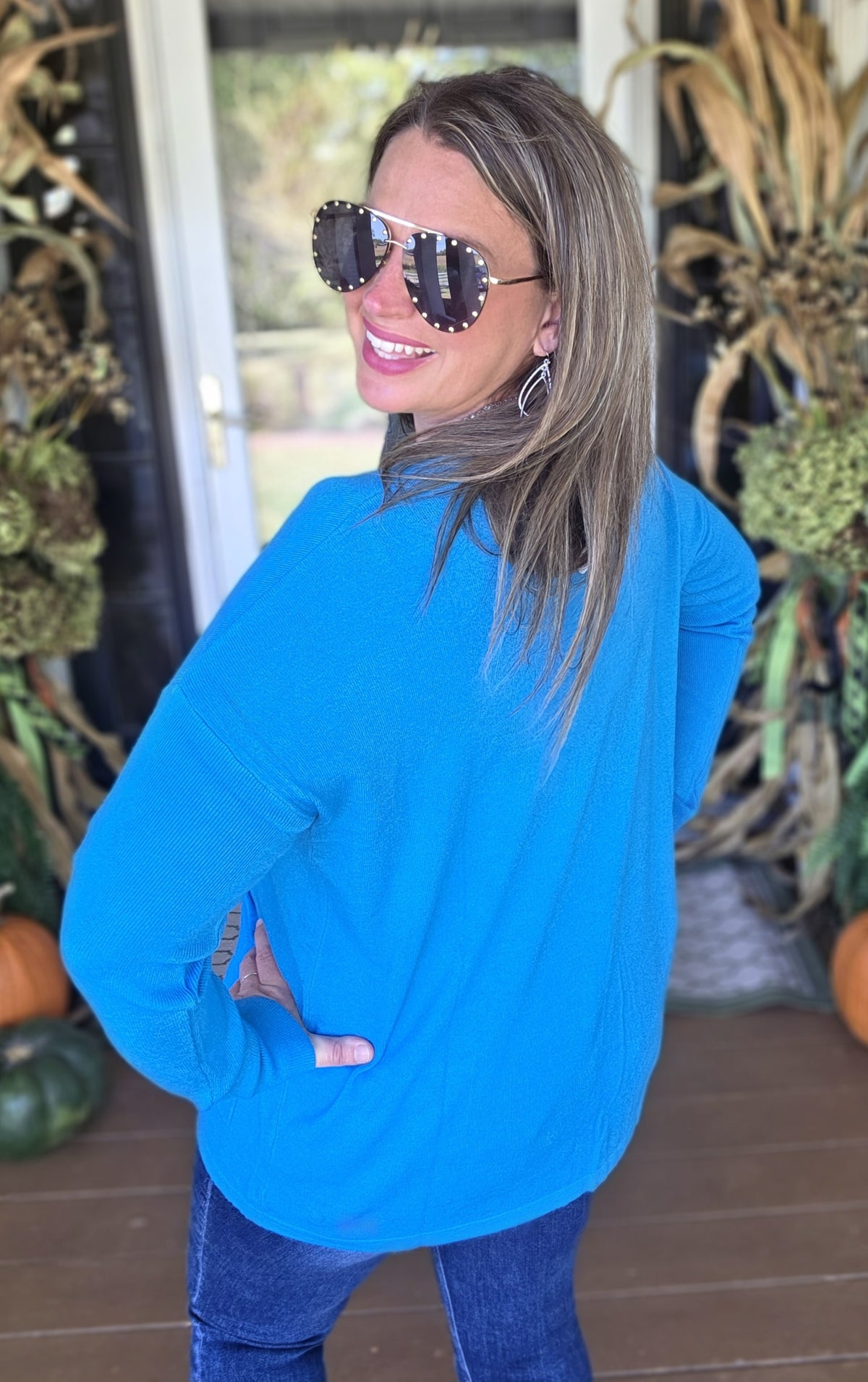 DEEP SKY BLUE TWO POCKET TUNIC SWEATER