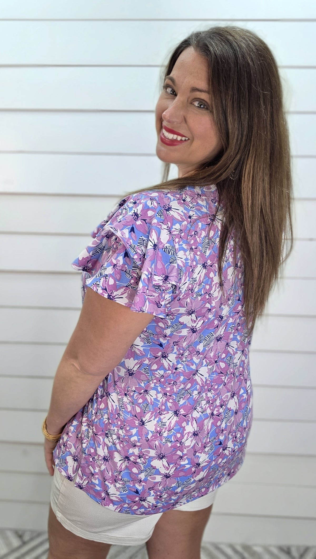 BLUE/LAVENDER FLORAL KNIT TOP W/ RUFFLE SLEEVE