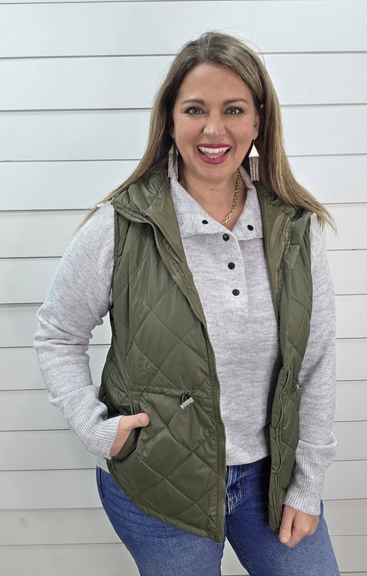 KAREN HART OLIVE QUILTED CINCH ZIPPER VEST