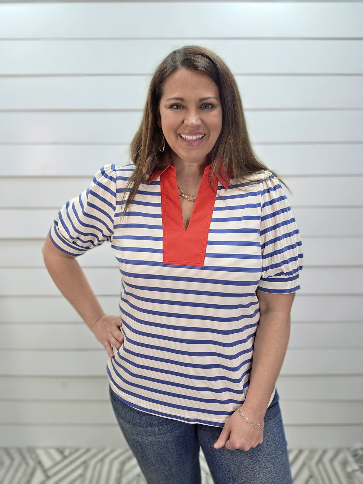 BLUE STRIPED KNIT TOP W/ RED LAY DOWN COLLAR