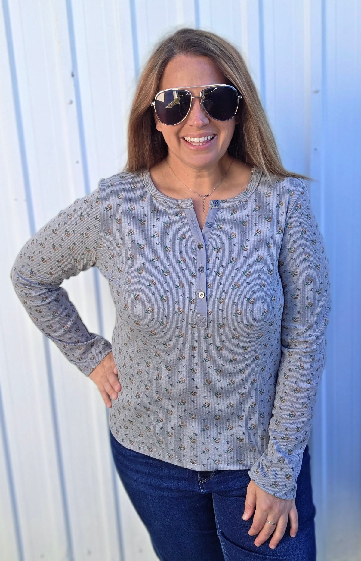 HEATHER GREY Henry Button Nk, Long sleeve, Floral Printed Rib Top